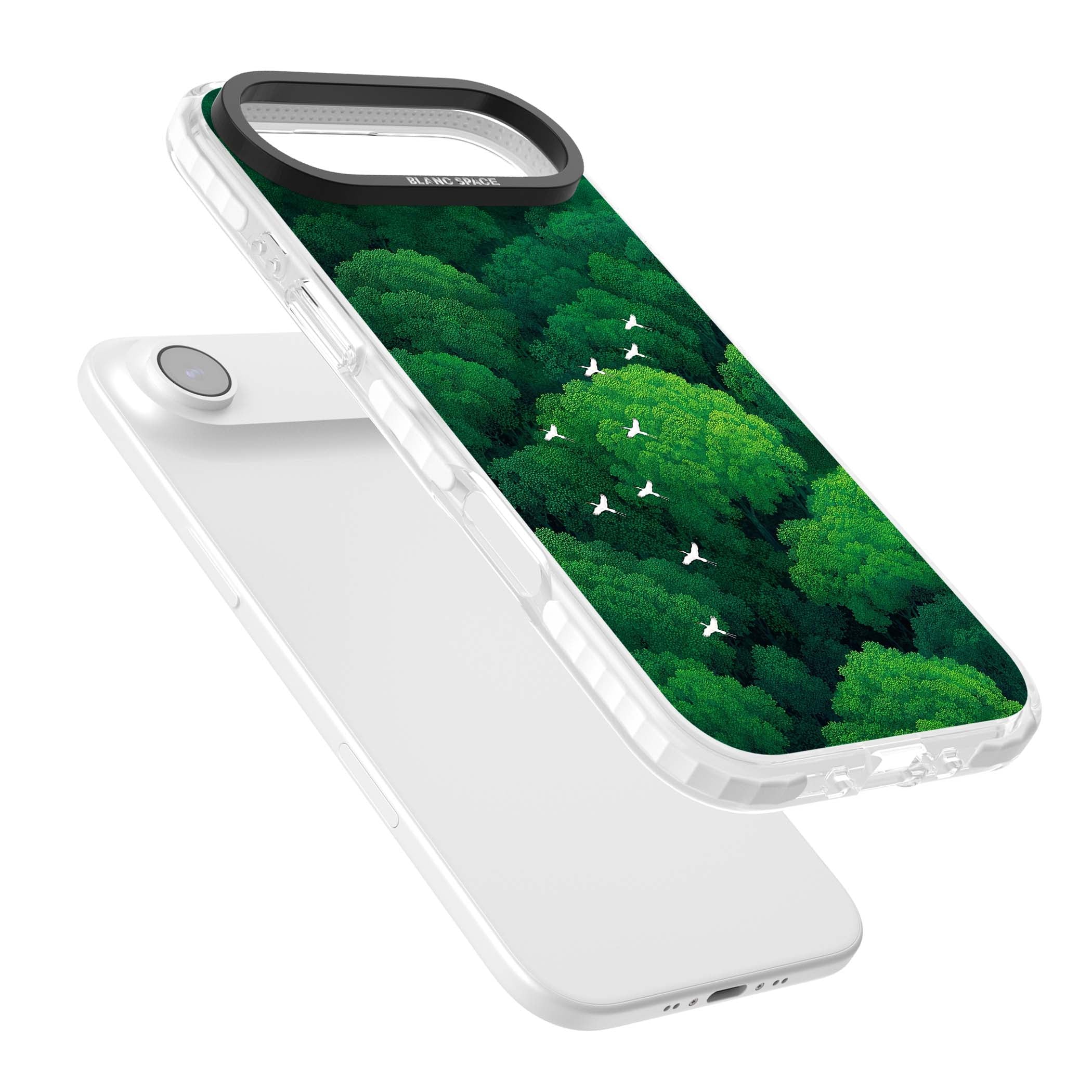 Grove Migration forest iPhone case featuring white cranes flying over lush green treetop canopy | Black Impact case for iPhone Air