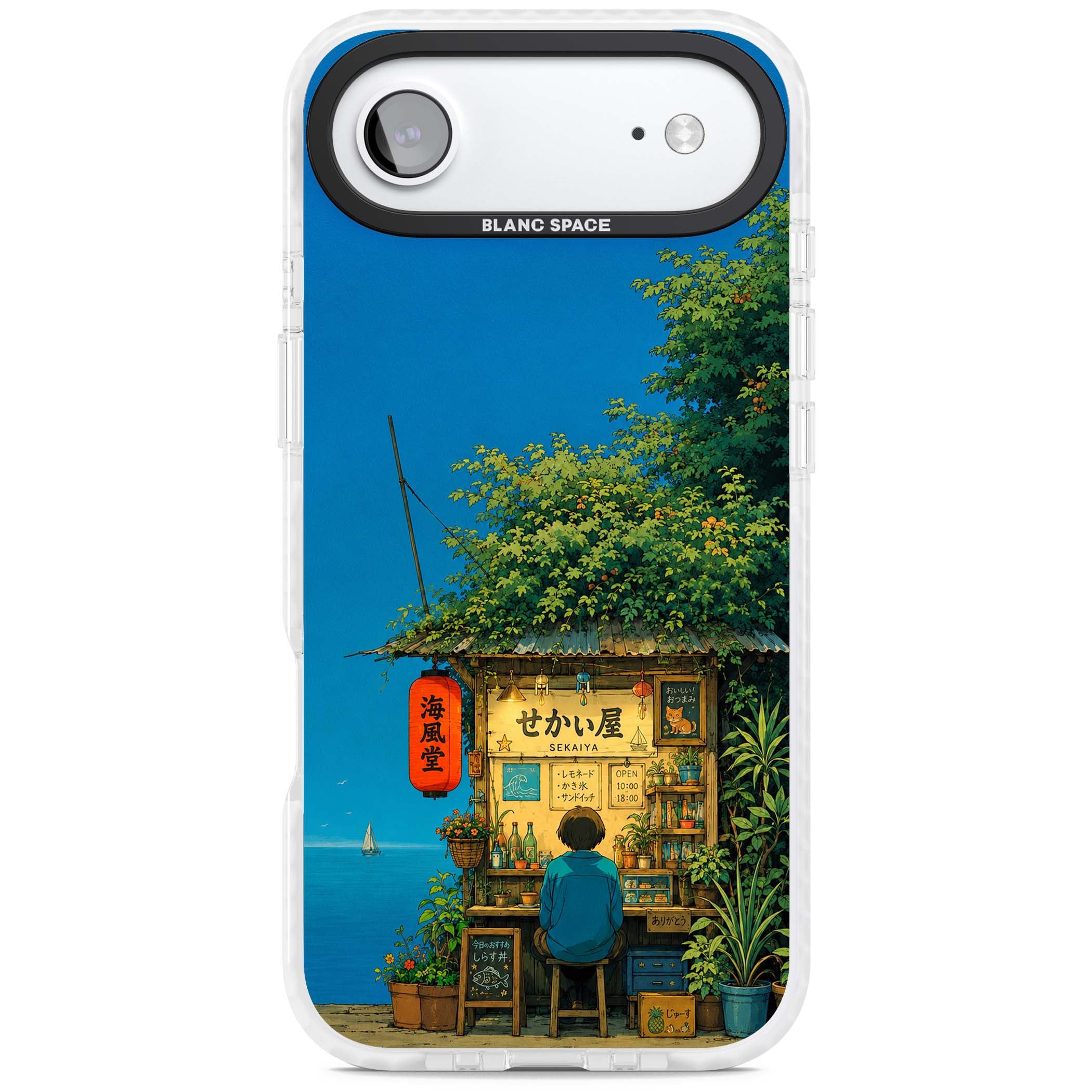 The Shirahama Kiosk anime iPhone case featuring a Japanese seaside shop, red paper lantern and ocean view | Black Impact case for iPhone Air