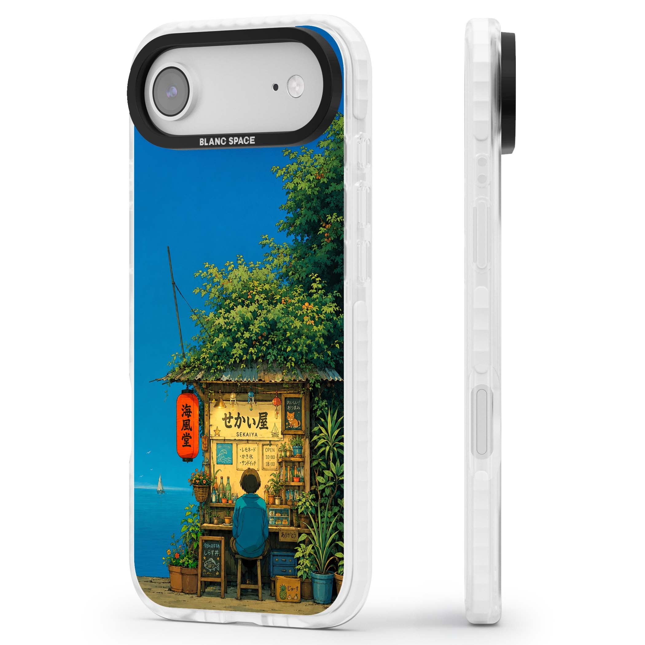 The Shirahama Kiosk anime iPhone case featuring a Japanese seaside shop, red paper lantern and ocean view | Black Impact case for iPhone Air