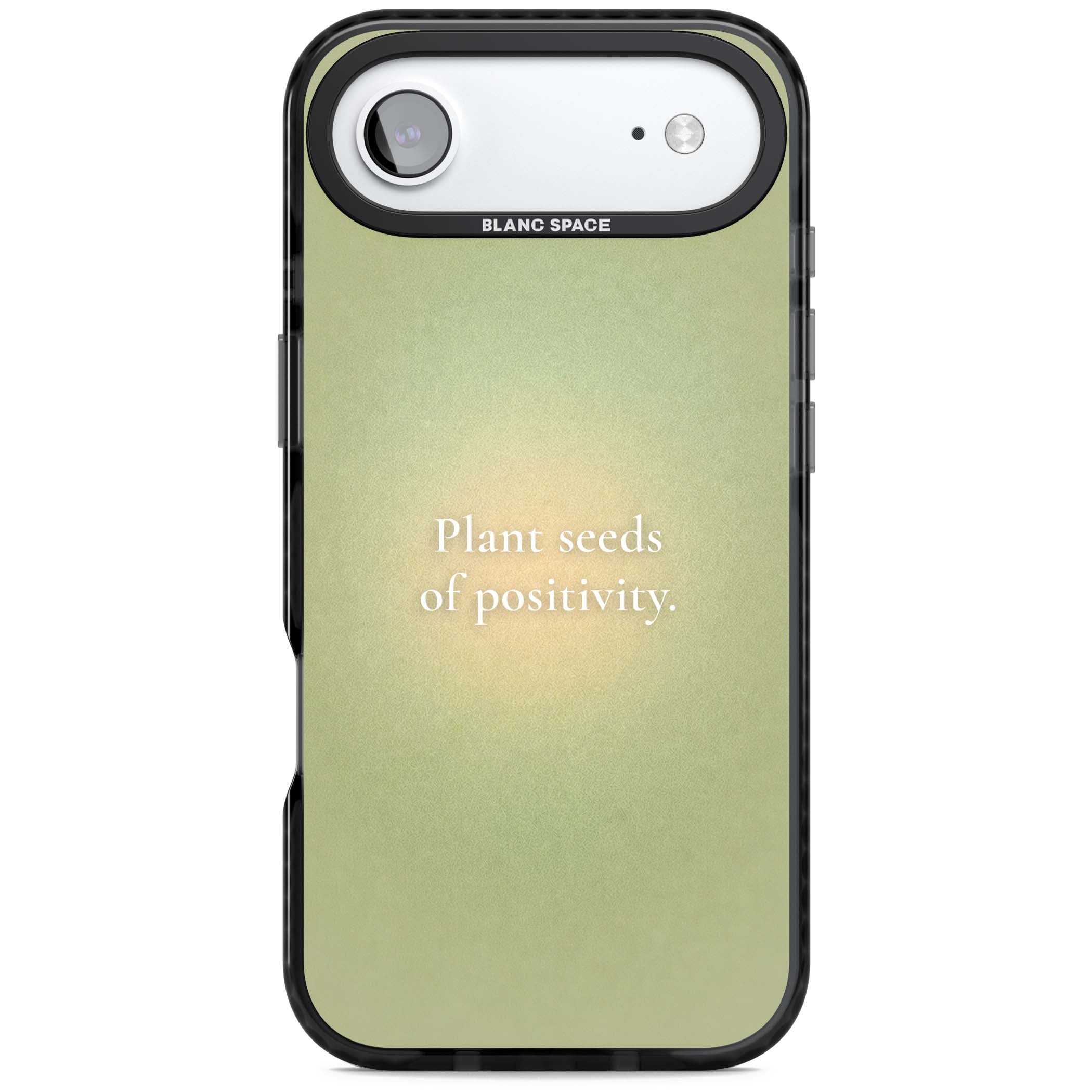 Seeds of Positivity quote iPhone case featuring a sage green aura gradient and golden glow affirmation | Clear Impact case for iPhone Air