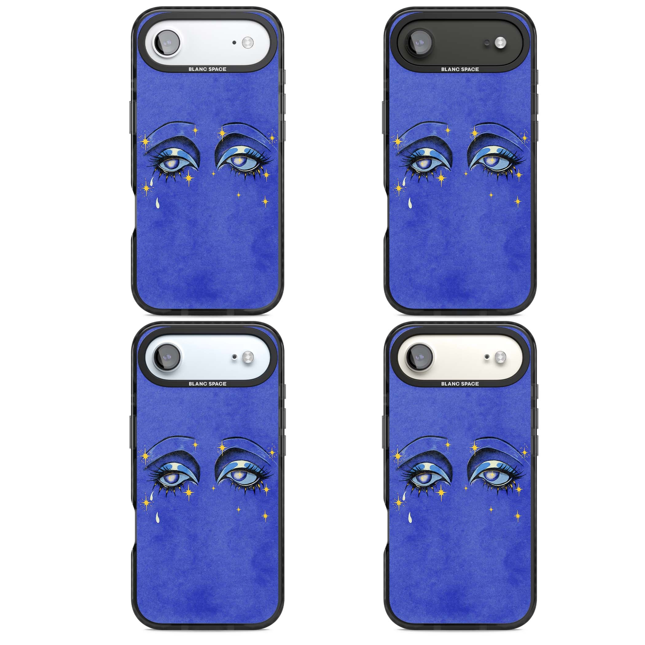 Blue Mystic Eyes celestial iPhone case featuring hand drawn blue mystical eyes, golden stars and a painted tear on indigo | Clear Impact case for iPhone Air