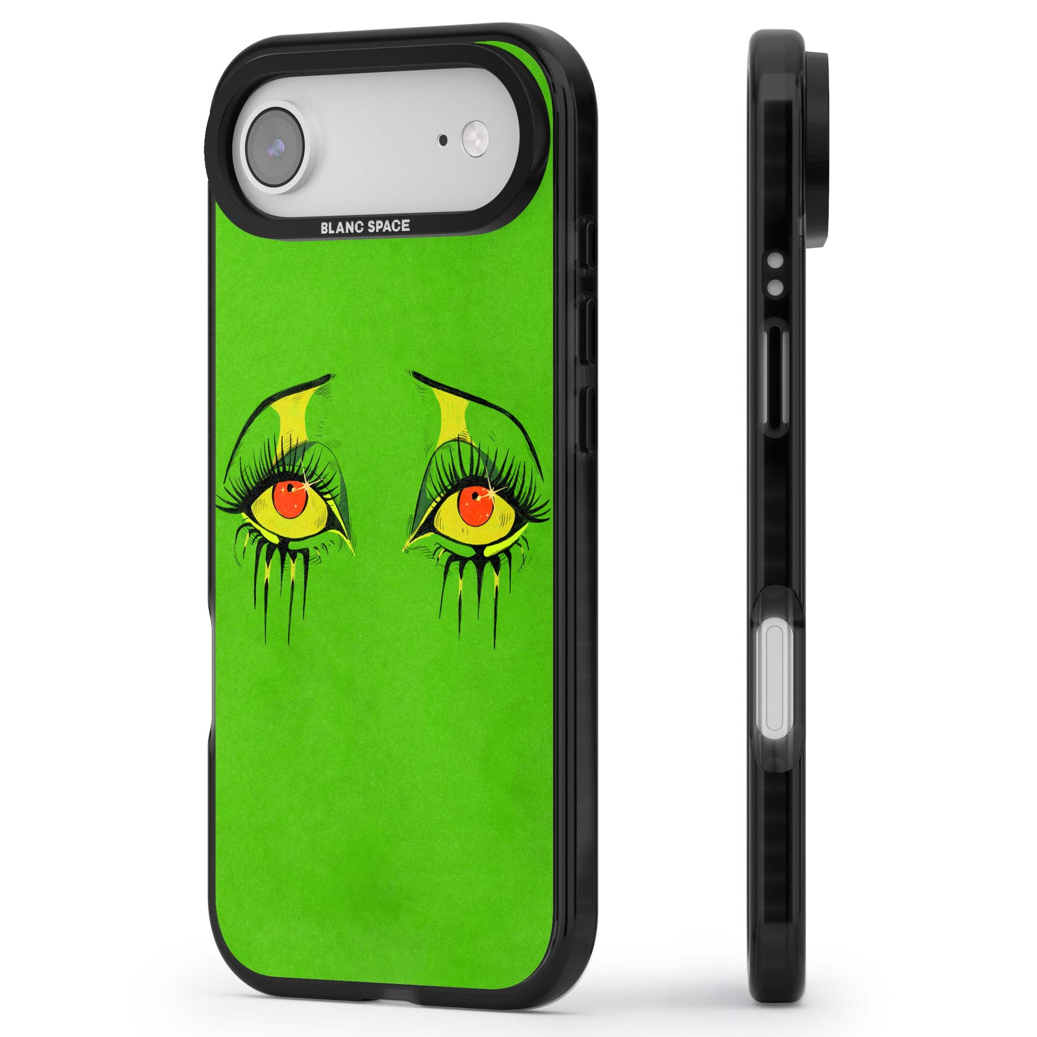 Green Enchanted Eyes psychedelic art iPhone case featuring hand-drawn dripping eyes on neon green background | Clear Impact case for iPhone Air