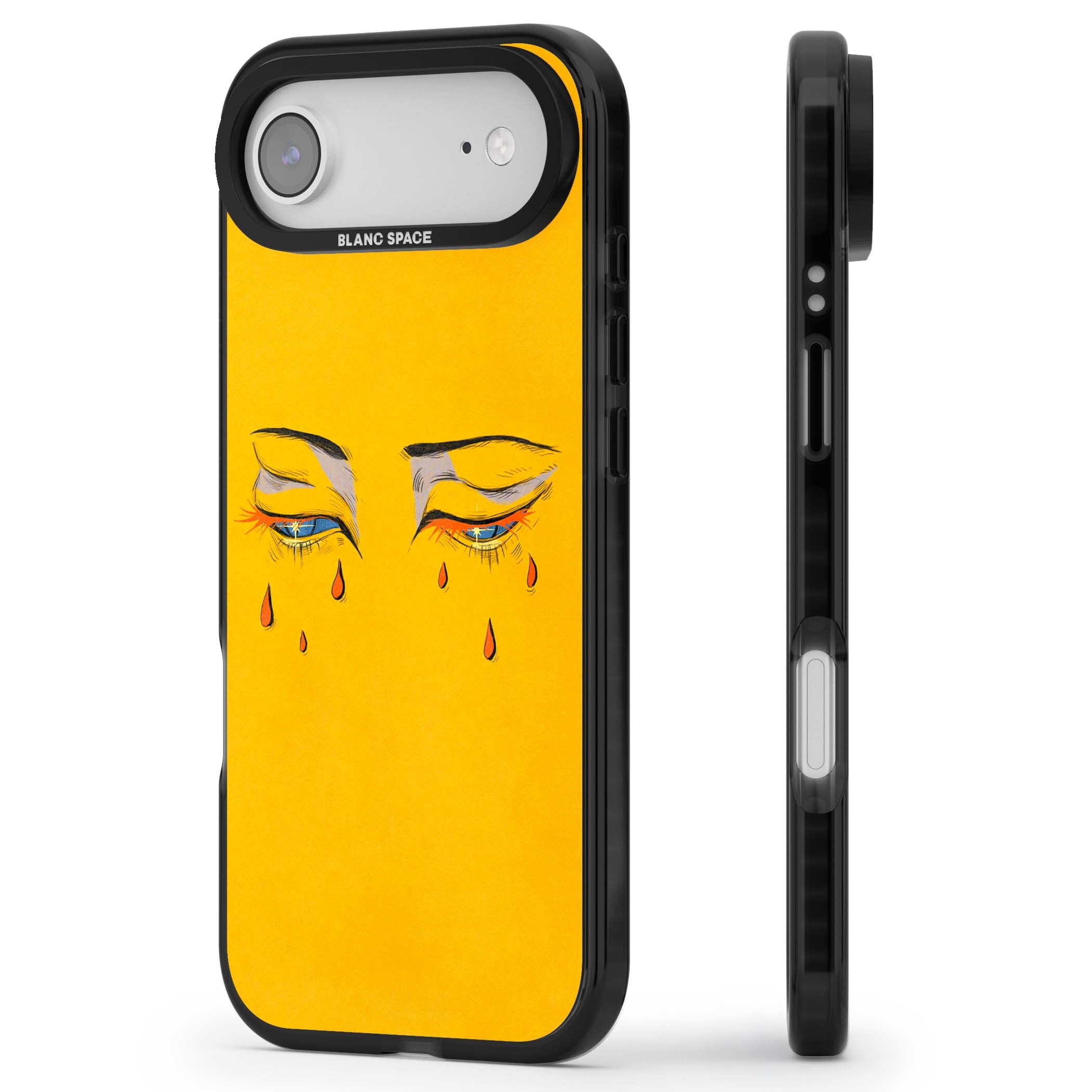 Yellow Tearful Eyes indie iPhone case featuring hand-drawn crying eyes with orange tears on a yellow background | Clear Impact case for iPhone Air