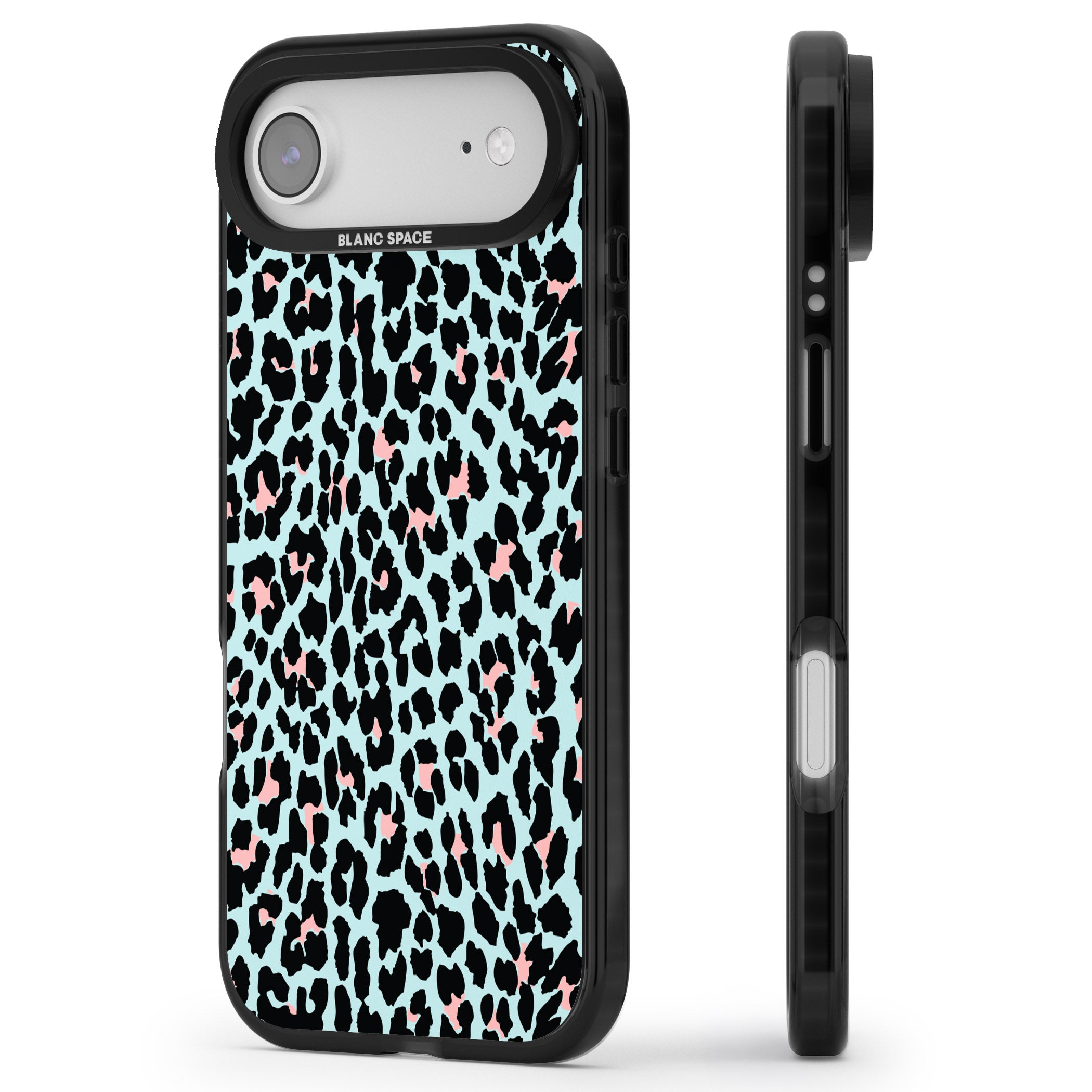 Pastel Blue & Pink Leopard Print iPhone 17 Air Impact Black Phone Case Side Profile