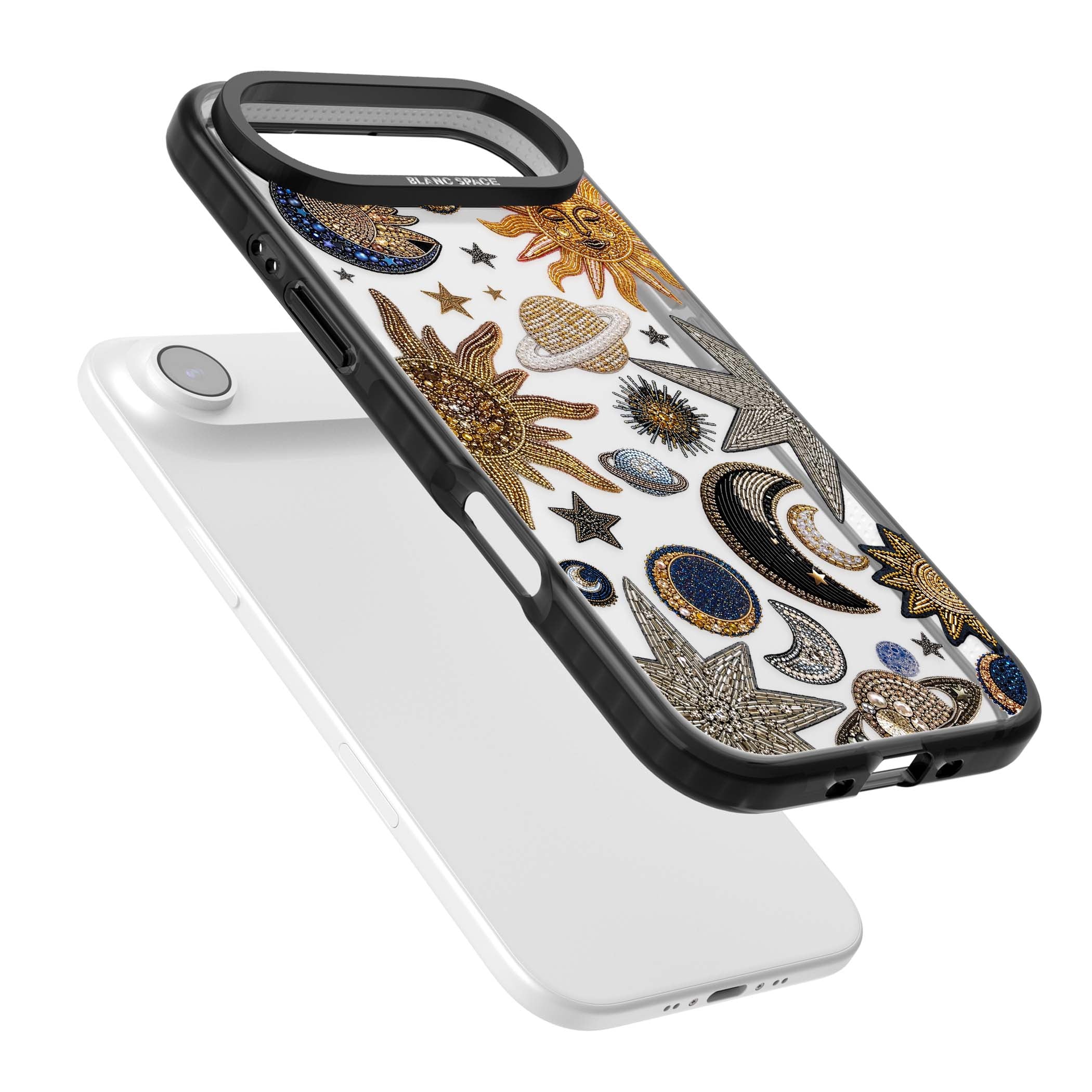 Beaded Cosmos celestial iPhone case featuring embroidered golden suns, beaded planets and silver shooting stars | Clear Impact case for iPhone Air