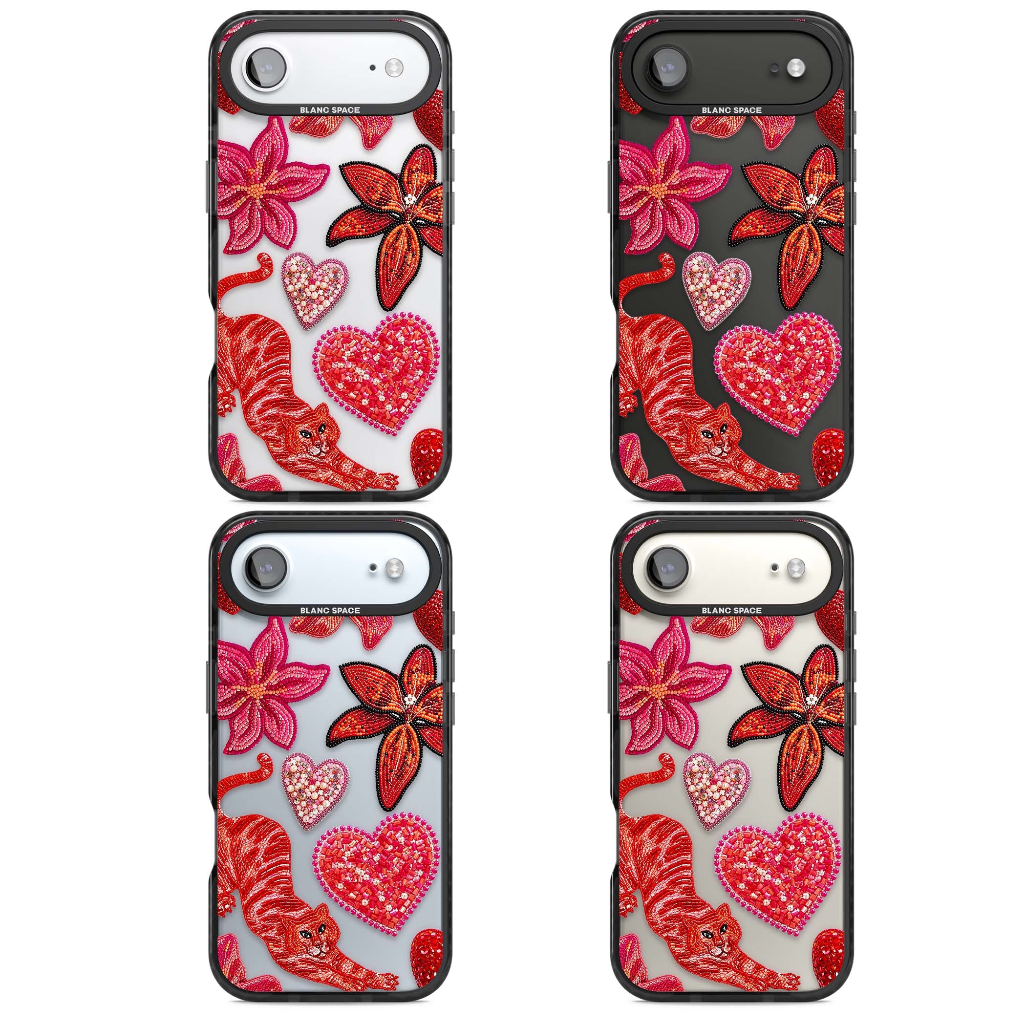 Beaded Boho floral iPhone case featuring beaded red lilies, a stitched tiger, and pearl-encrusted hearts on clear | Clear Impact case for iPhone Air
