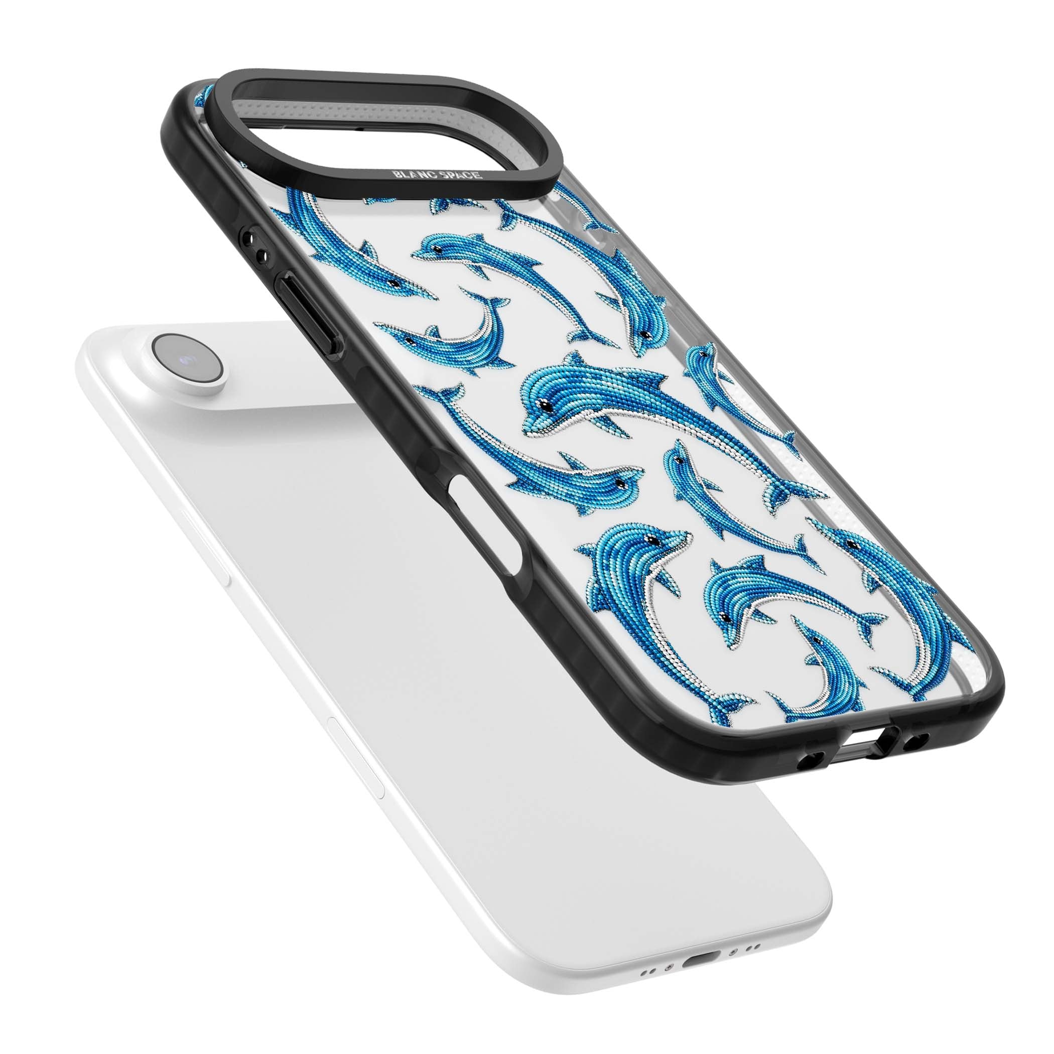 Beaded Dolphins coastal iPhone case featuring beaded dolphins in blue and white swimming across a clear background | Clear Impact case for iPhone Air