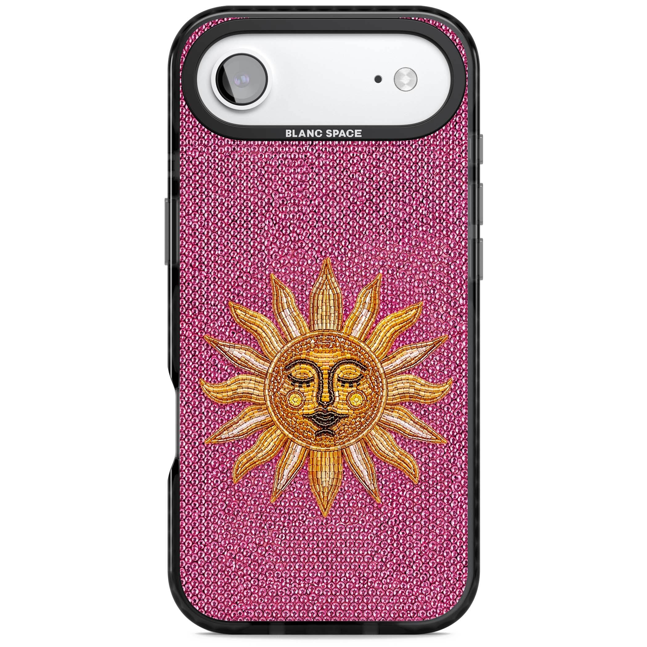 Beaded Sun celestial iPhone case featuring a golden beaded sun face with radiant rays on hot pink beaded background | Clear Impact case for iPhone Air