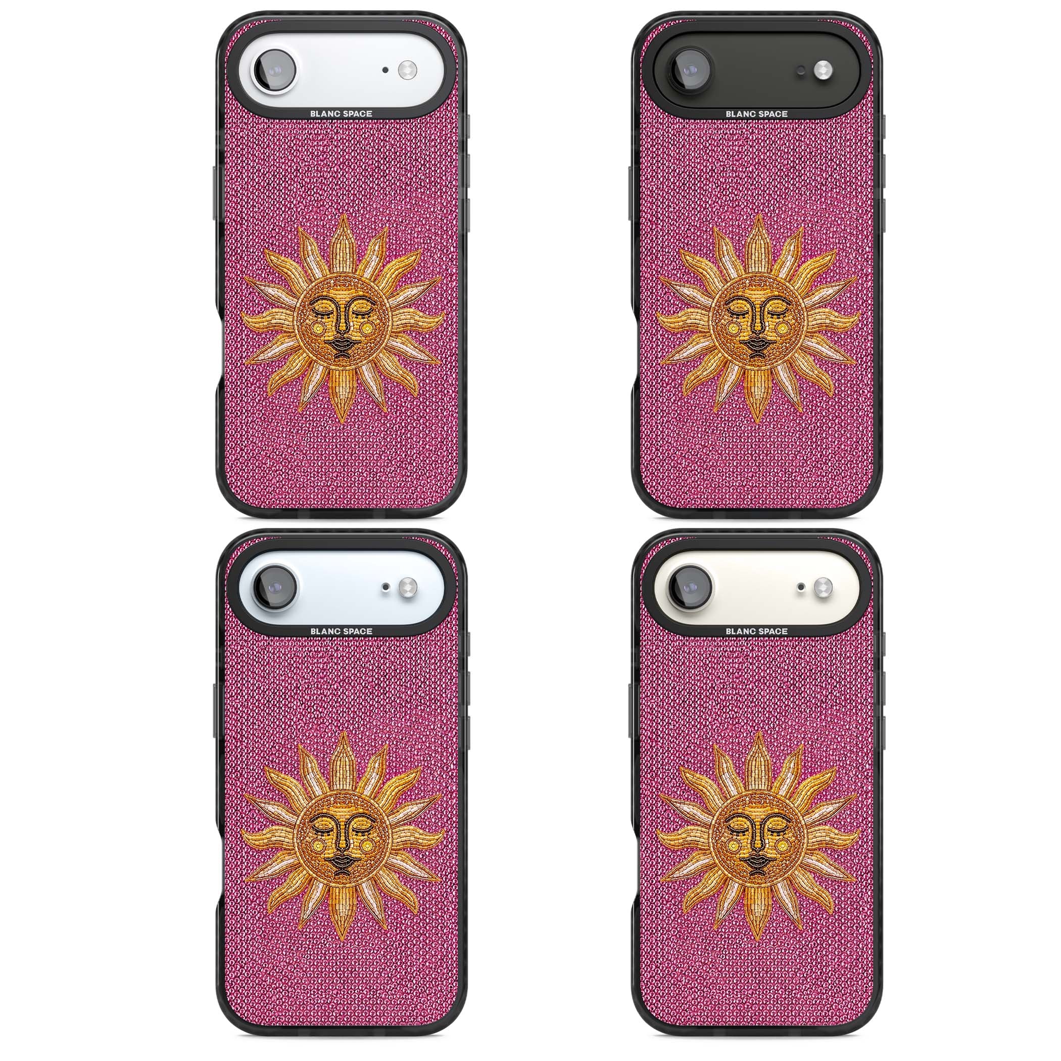 Beaded Sun celestial iPhone case featuring a golden beaded sun face with radiant rays on hot pink beaded background | Clear Impact case for iPhone Air