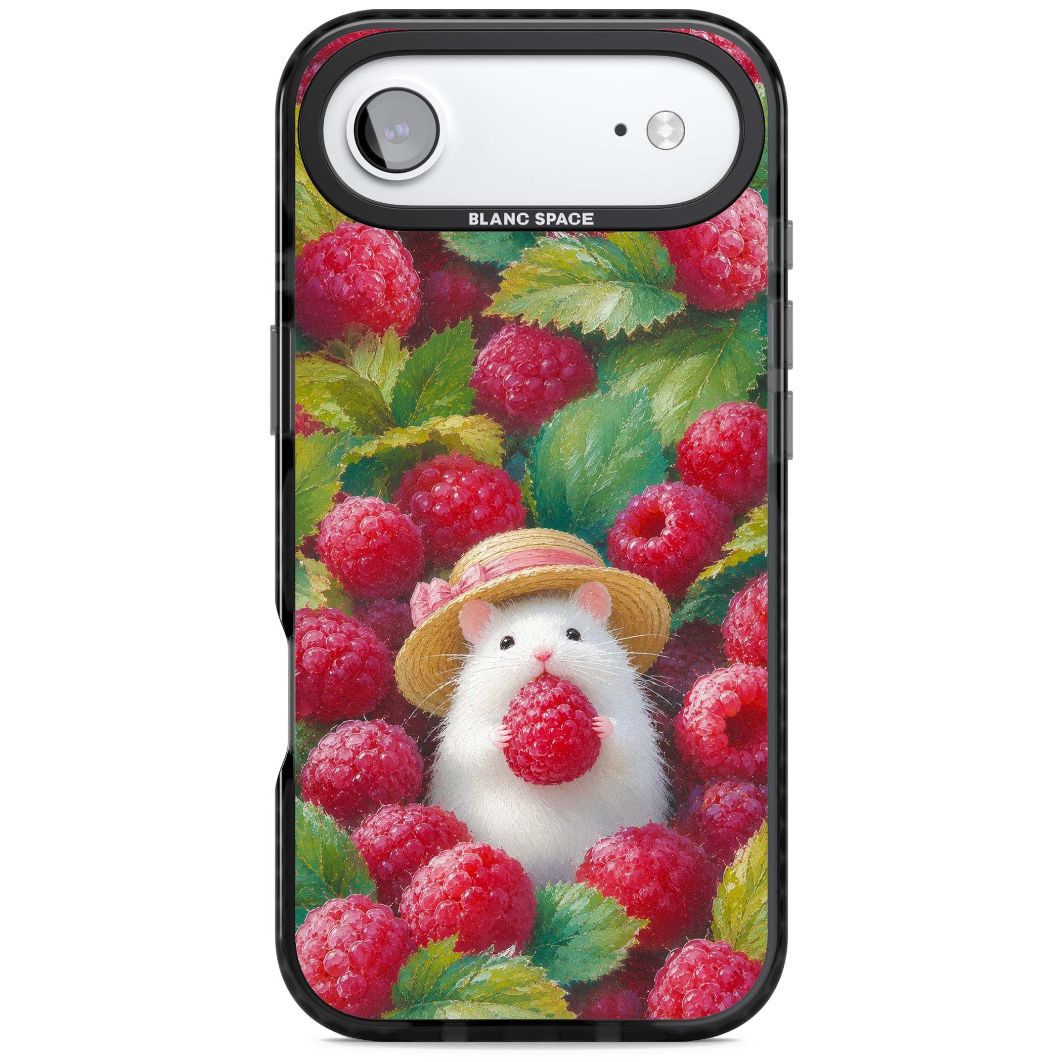 Berry Forager cottagecore iPhone case featuring a white hamster in a straw hat holding a raspberry surrounded by ripe ber | Clear Impact case for iPhone Air