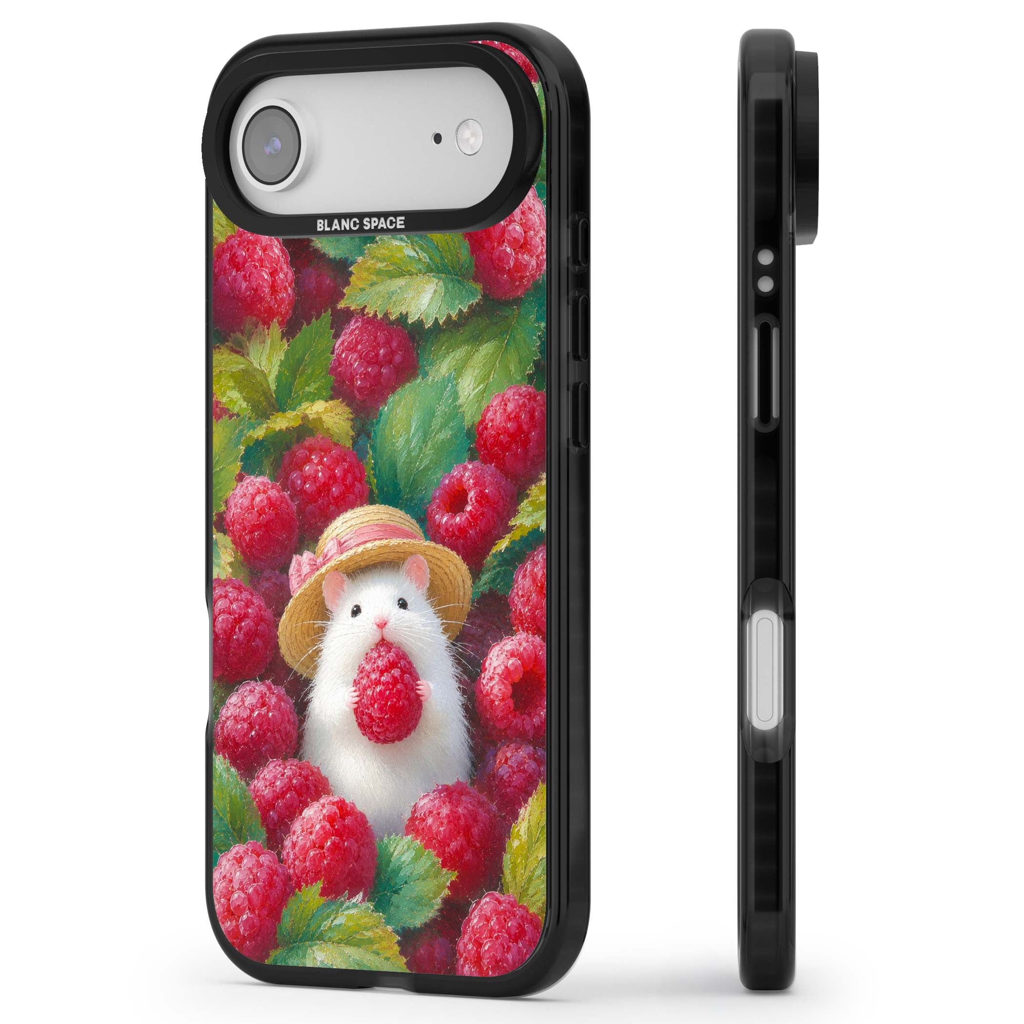 Berry Forager cottagecore iPhone case featuring a white hamster in a straw hat holding a raspberry surrounded by ripe ber | Clear Impact case for iPhone Air