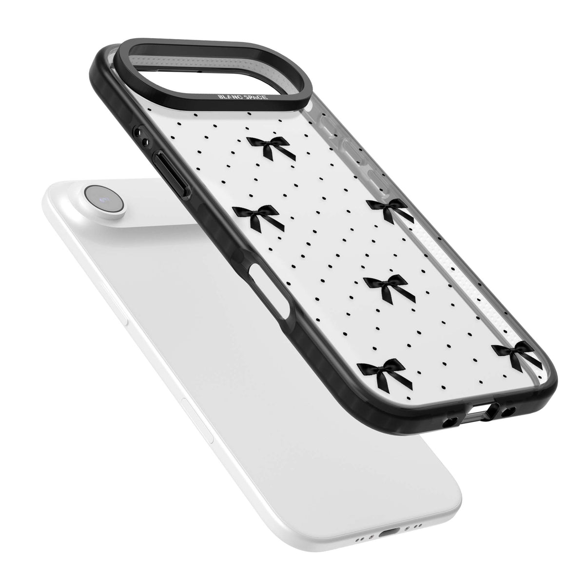 Black Polka Bows coquette iPhone case featuring scattered black satin bows and tiny polka dots on a clear base | Clear Impact case for iPhone Air