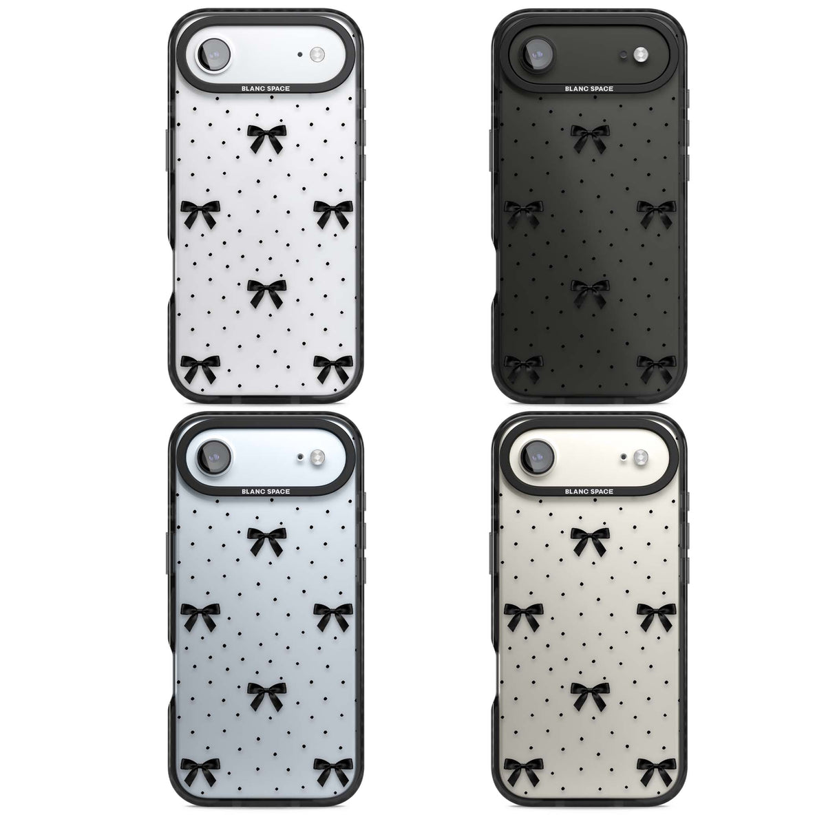 Black Polka Bows coquette iPhone case featuring scattered black satin bows and tiny polka dots on a clear base | Clear Impact case for iPhone Air