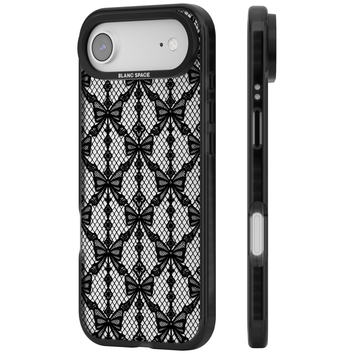 Black Bow Lace coquette iPhone case featuring black lace bows, fishnet mesh and beaded trellis on a clear background iPhone Air / iPhone 17 Air Impact Black Phone Case side
