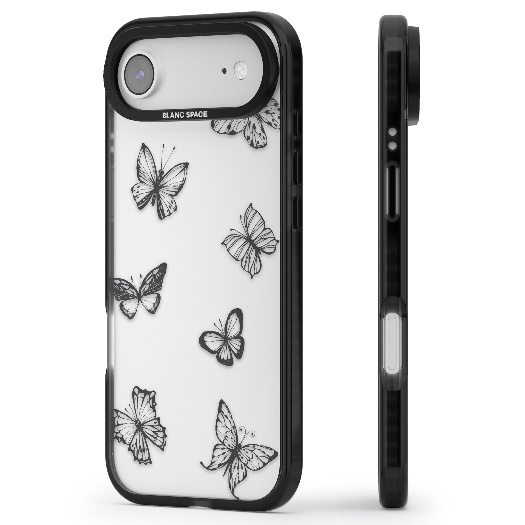 Grey Butterfly Line Pattern iPhone 17 Air Impact Black Phone Case Side Profile