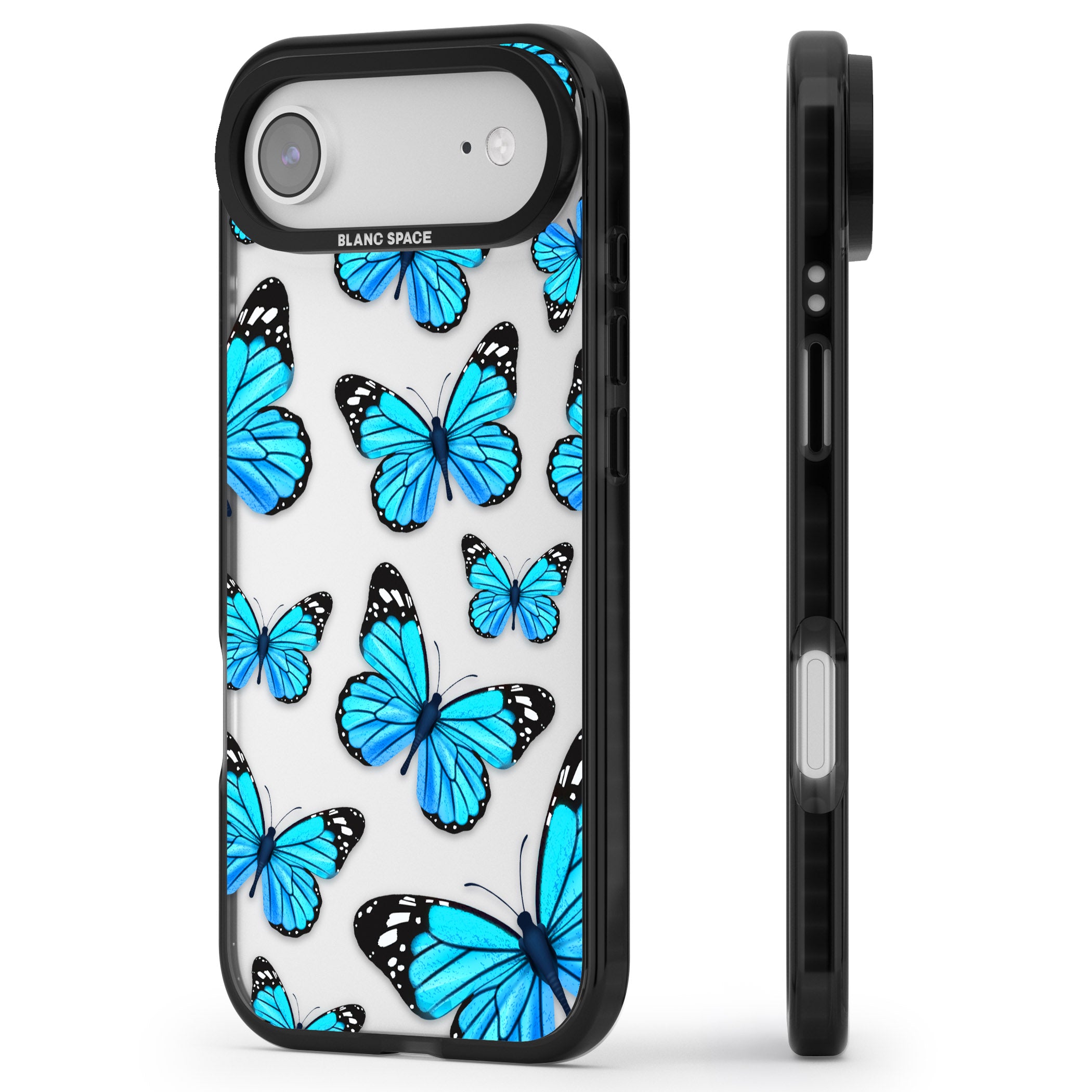 Blue Butterflies iPhone 17 Air Impact Black Phone Case Side Profile