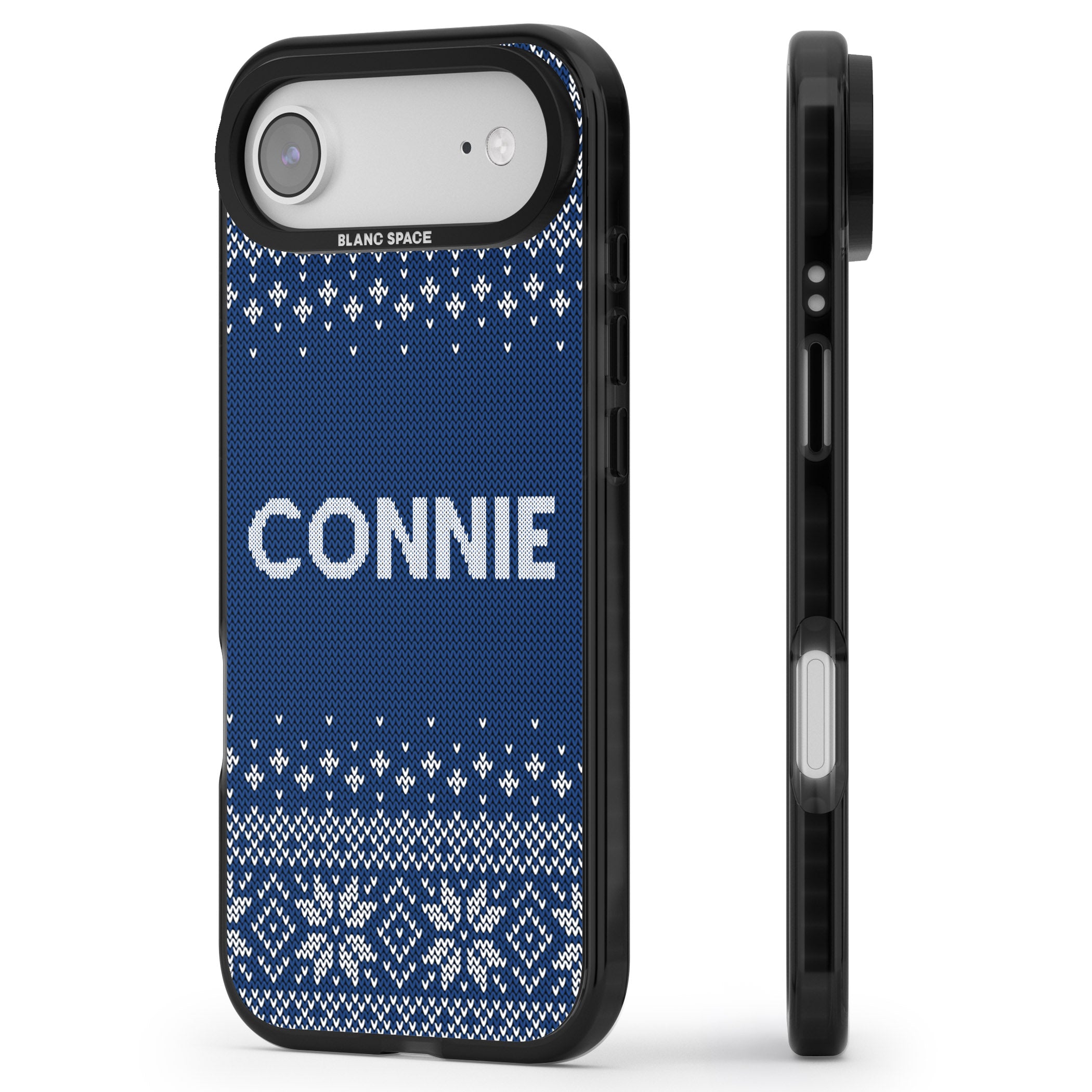 Personalised Blue Knitted Christmas iPhone 17 Air Impact Black Phone Case Side Profile