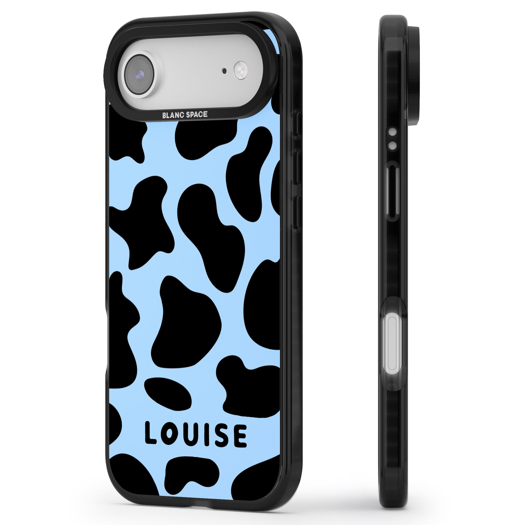 Personalised Blue And Black Cow Print iPhone 17 Air Impact Black Phone Case Side Profile