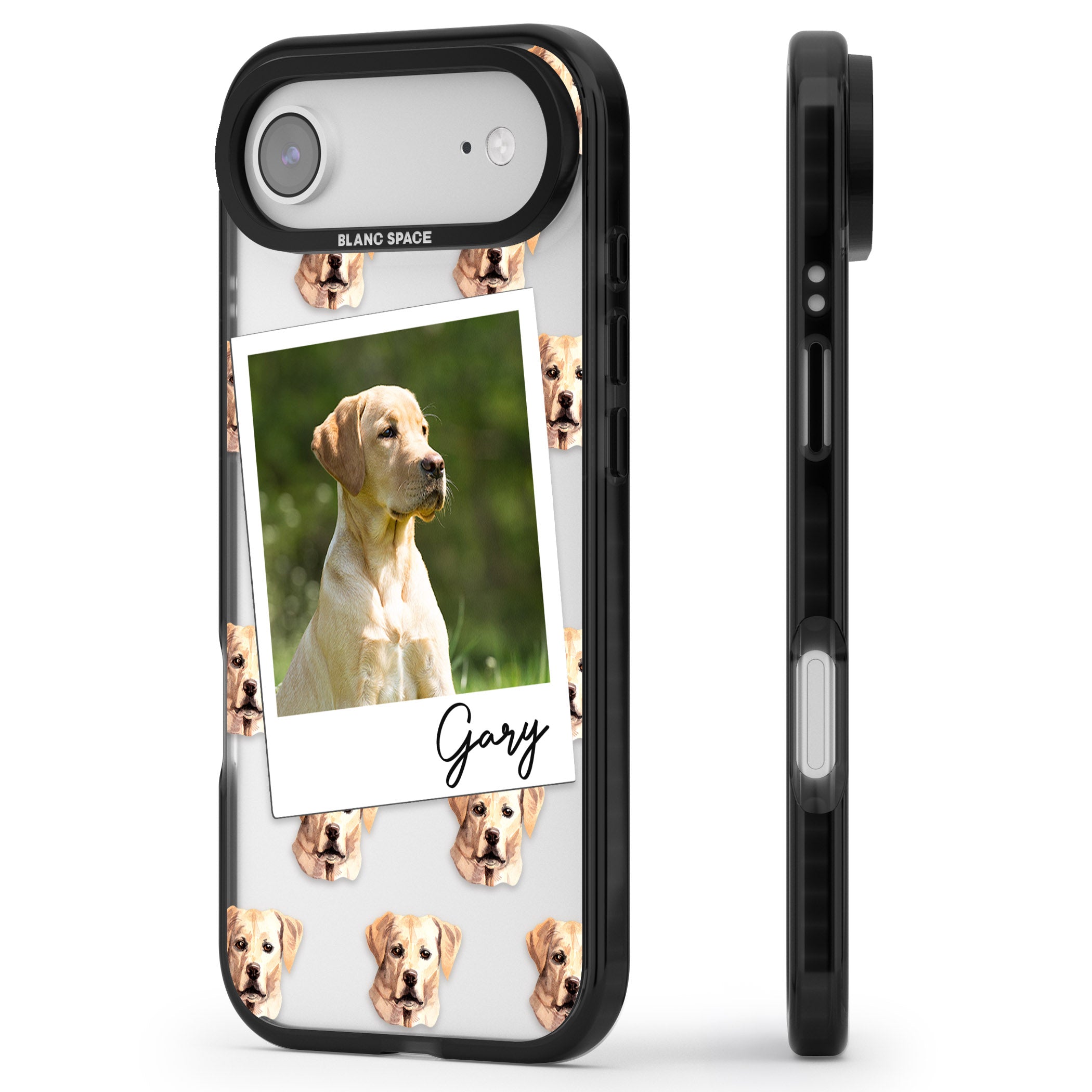 Personalised Tan Black Labrador Instant Camera Photo iPhone 17 Air Impact Black Phone Case Side Profile