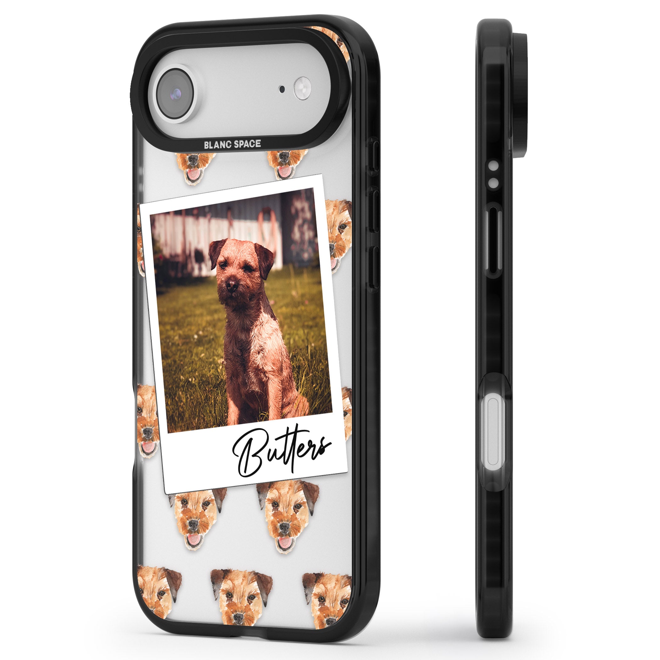 Personalised Border Terrier Instant Camera Photo iPhone 17 Air Impact Black Phone Case Side Profile