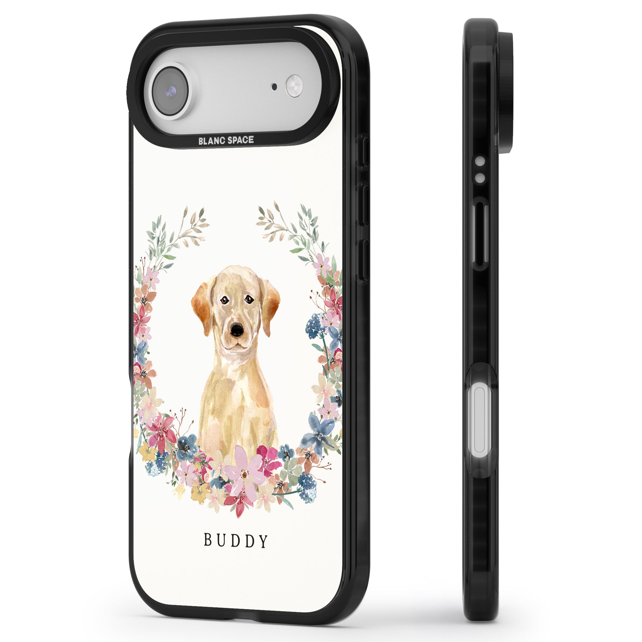 Personalised Yellow Labrador Retriever Floral Portrait iPhone 17 Air Impact Black Phone Case Side Profile