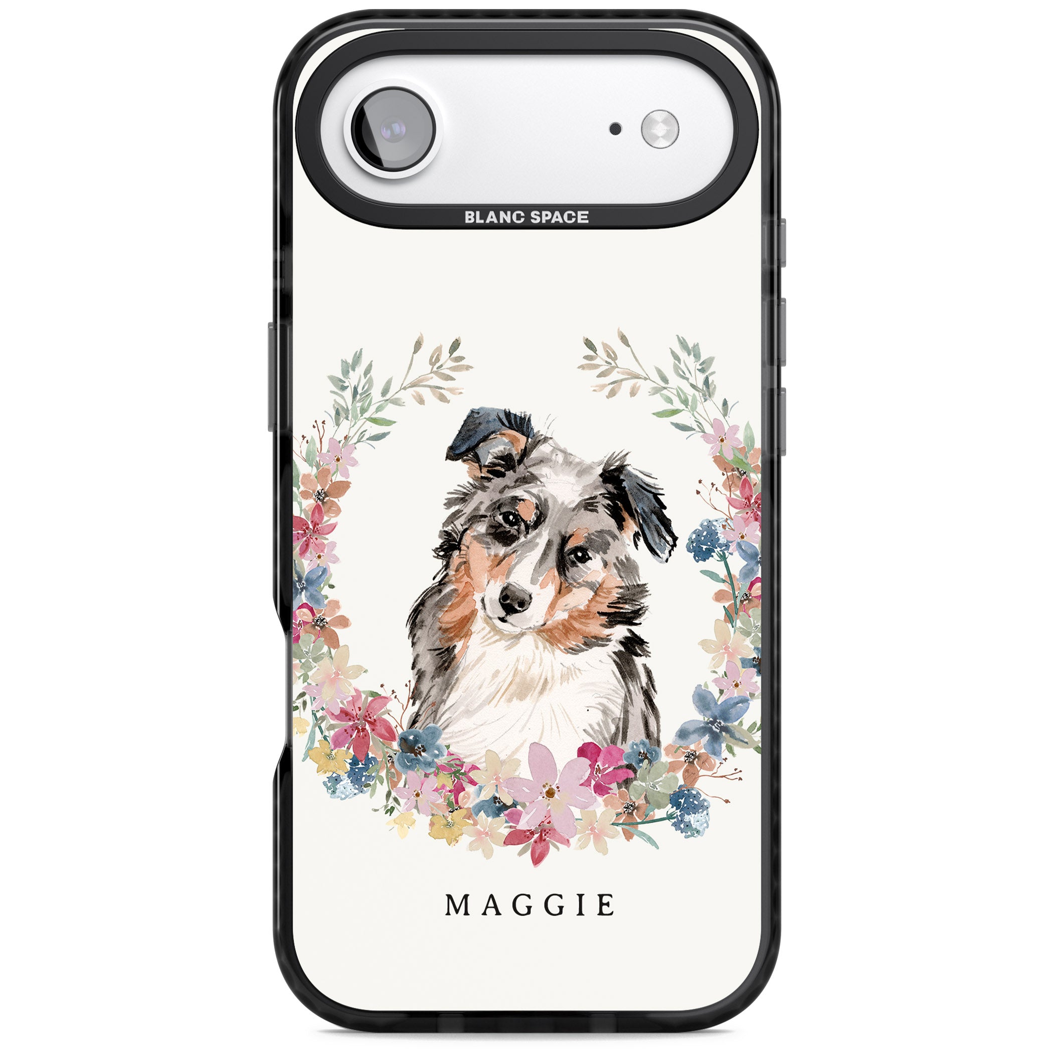 Personalised Australian Shepherd Floral Portrait iPhone 17 Air Impact Black Phone Case