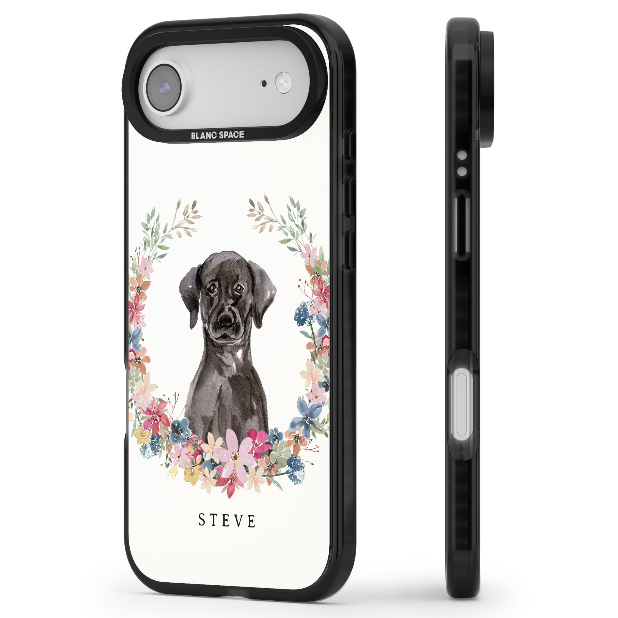 Personalised Black Labrador Floral Portrait iPhone 17 Air Impact Black Phone Case Side Profile