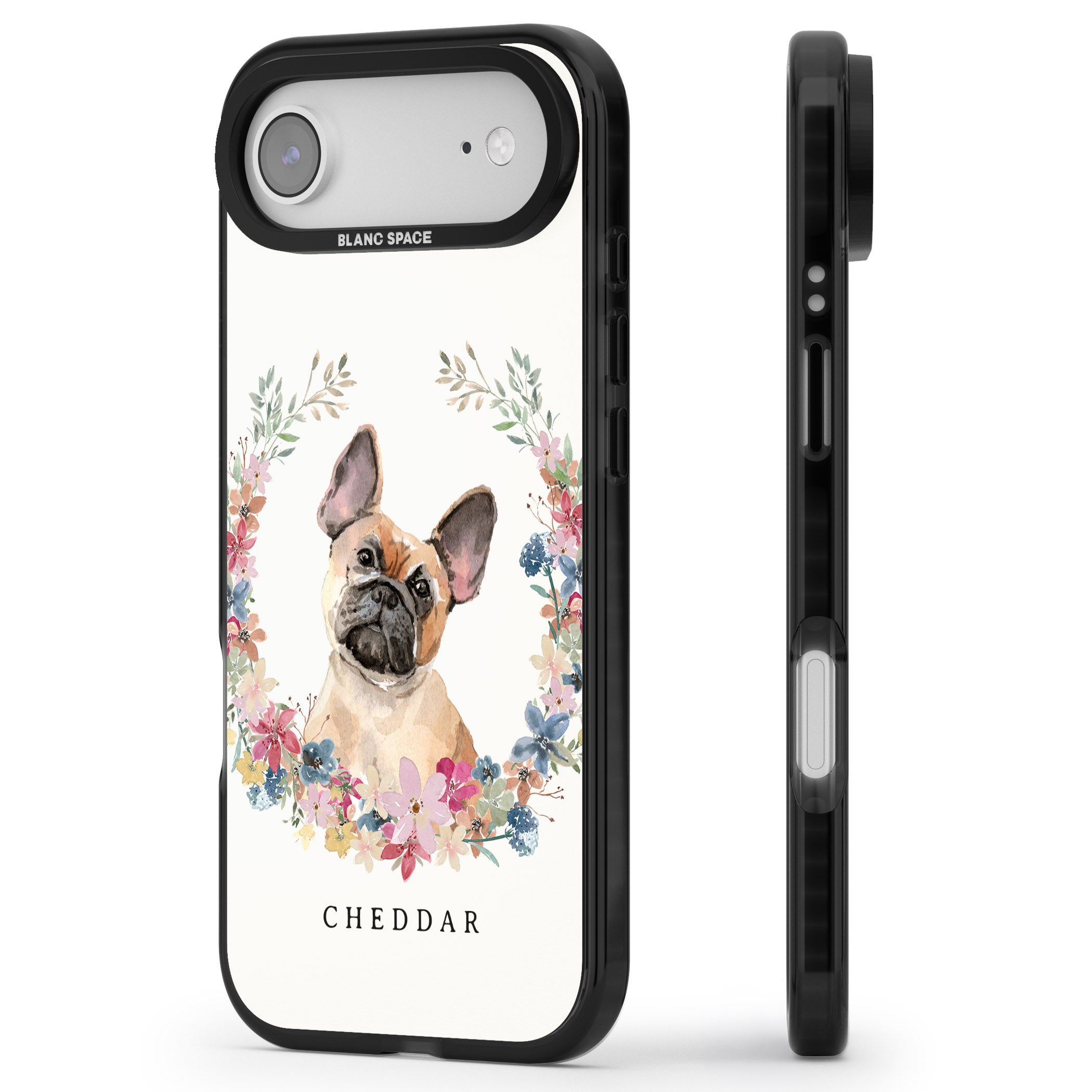 Personalised Tan French Bulldog Floral Portrait iPhone 17 Air Impact Black Phone Case Side Profile