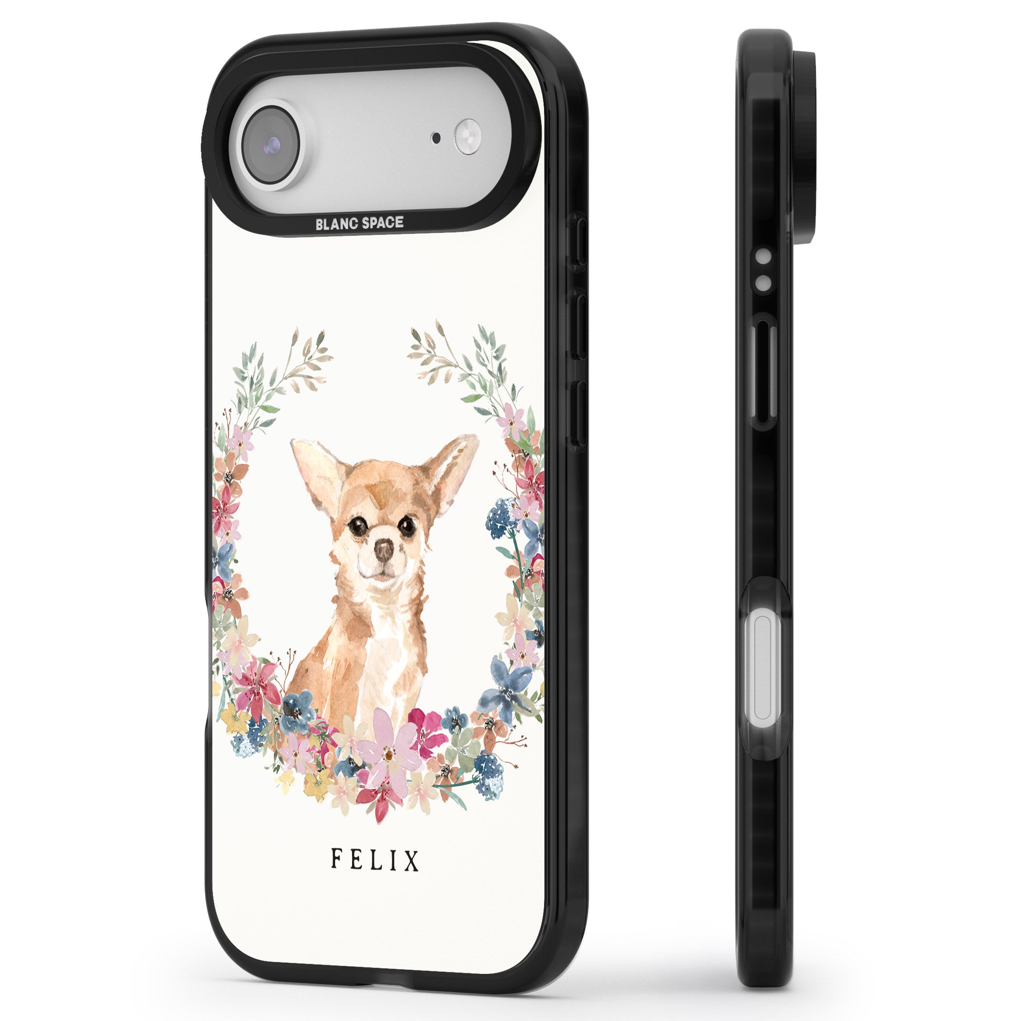 Personalised Chihuahua Floral Portrait iPhone 17 Air Impact Black Phone Case Side Profile