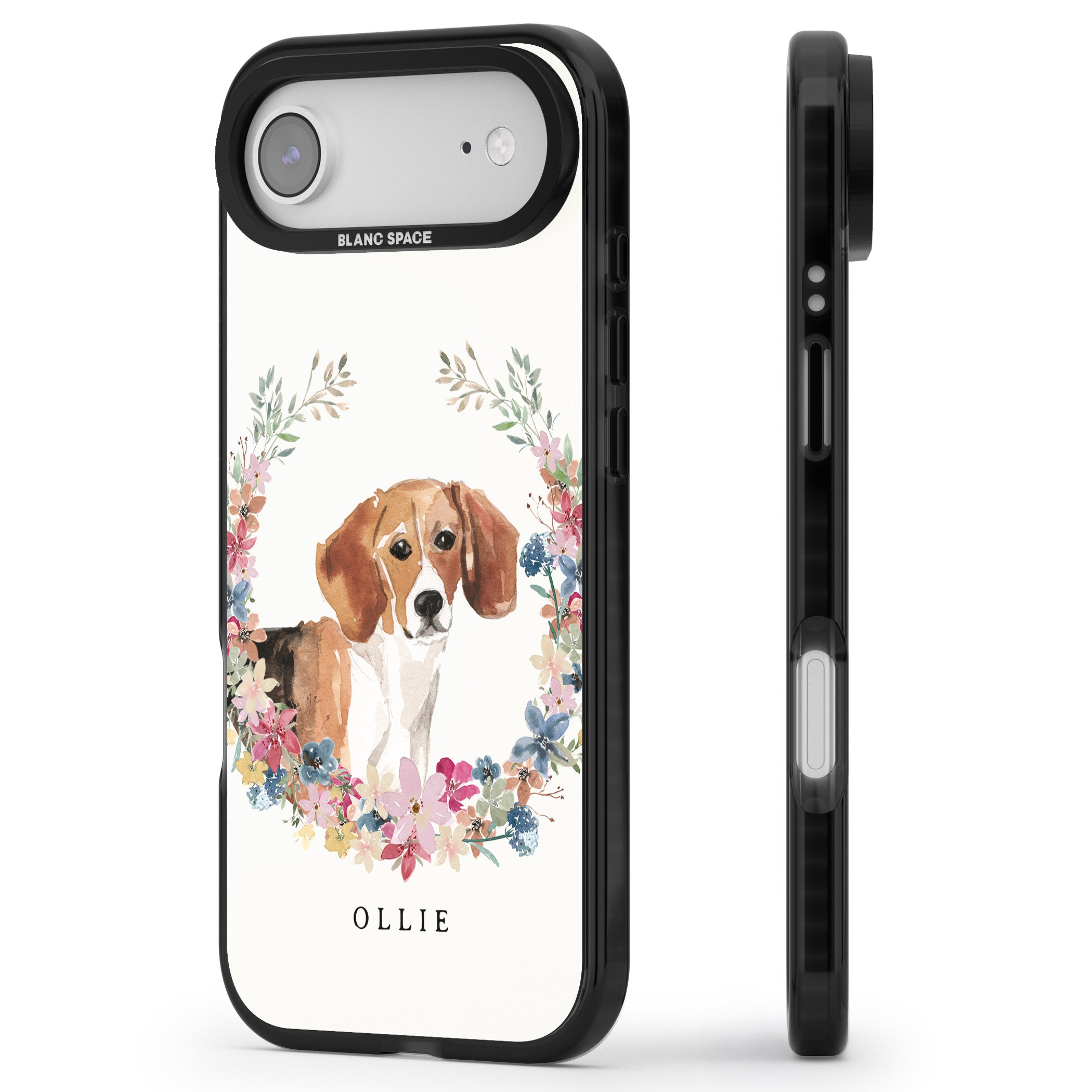 Personalised Beagle Floral Portrait iPhone 17 Air Impact Black Phone Case Side Profile