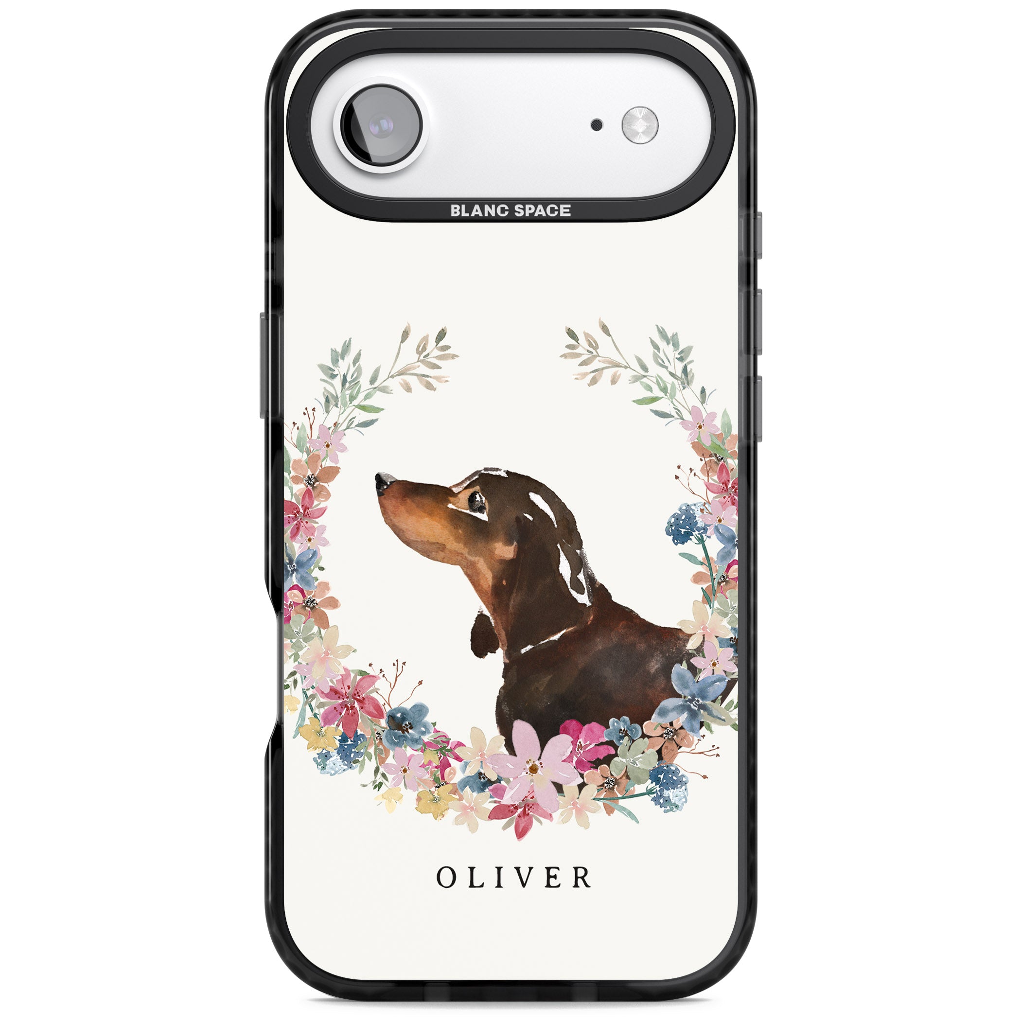 Personalised Black & Tan Dachshund Floral Portrait iPhone 17 Air Impact Black Phone Case