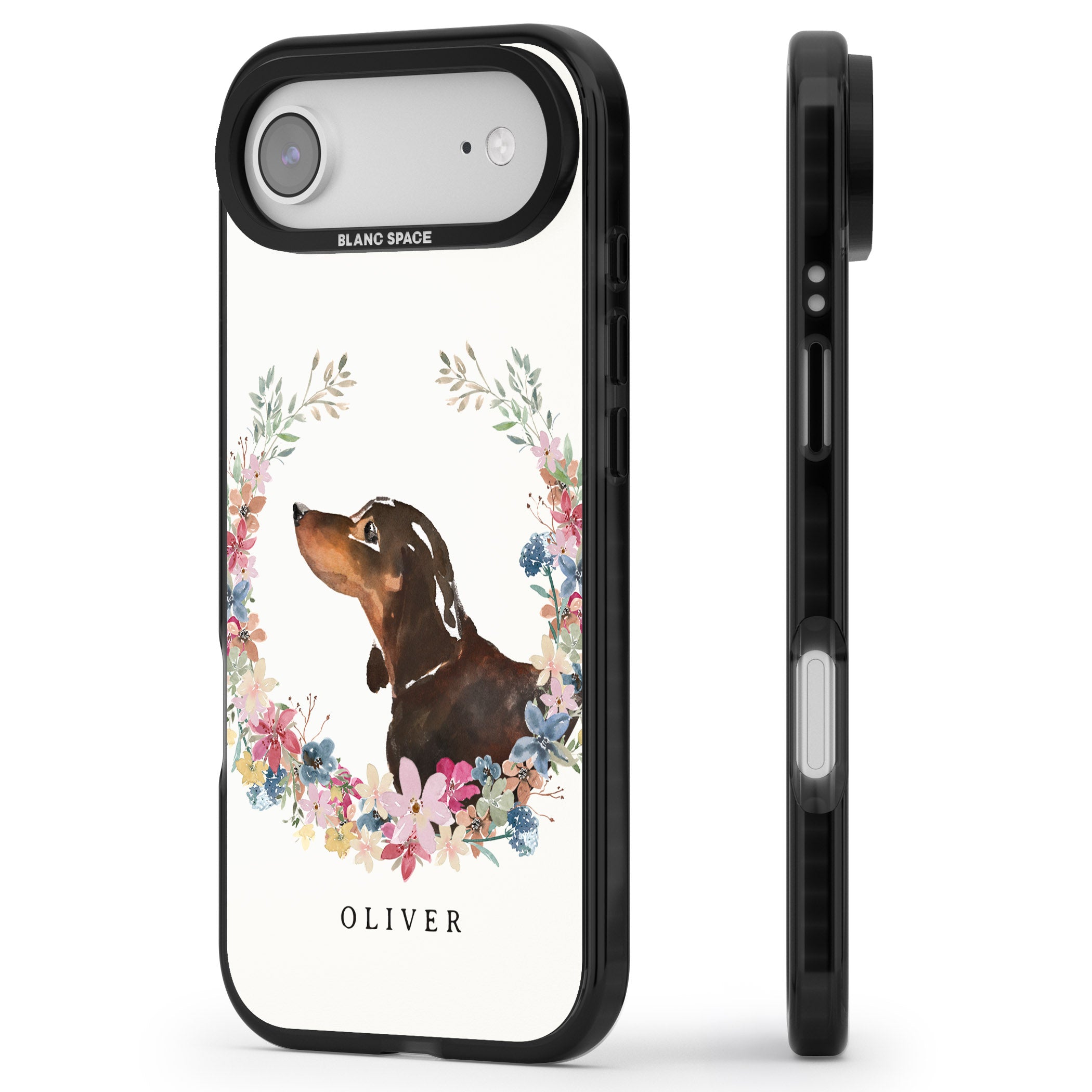 Personalised Black & Tan Dachshund Floral Portrait iPhone 17 Air Impact Black Phone Case Side Profile