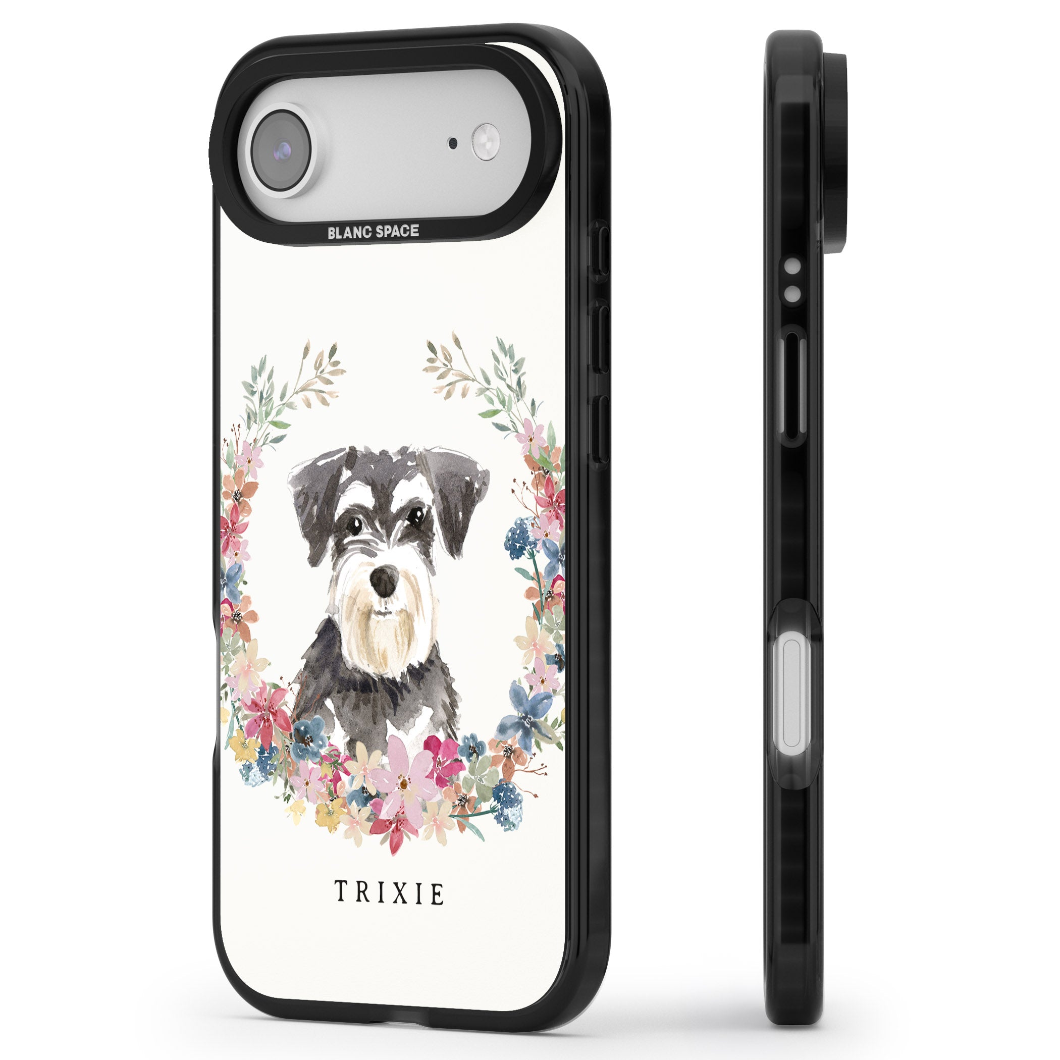 Personalised Watercolor Schnauzer Floral Portrait iPhone 17 Air Impact Black Phone Case Side Profile