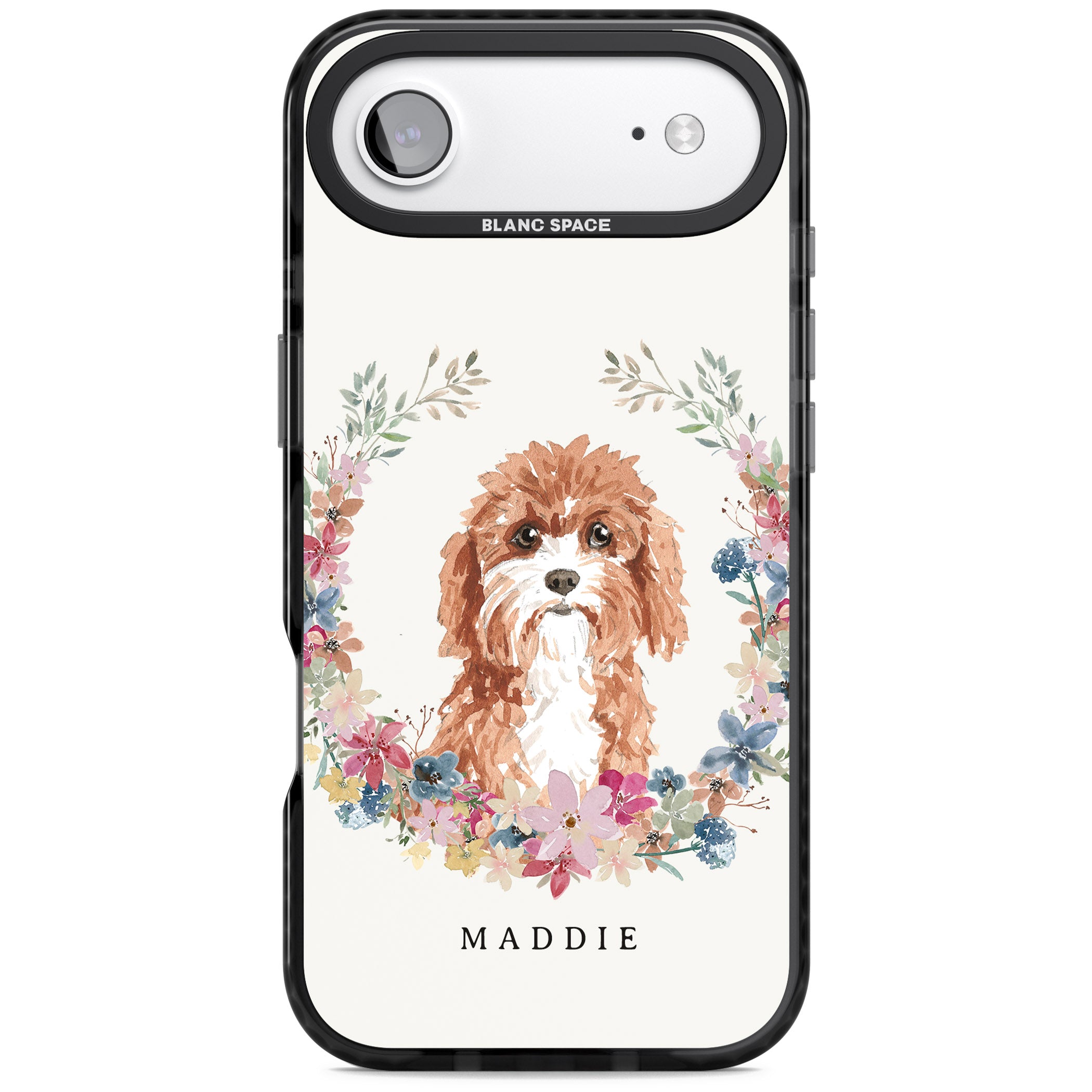 Personalised Cavapoo Floral Portrait iPhone 17 Air Impact Black Phone Case
