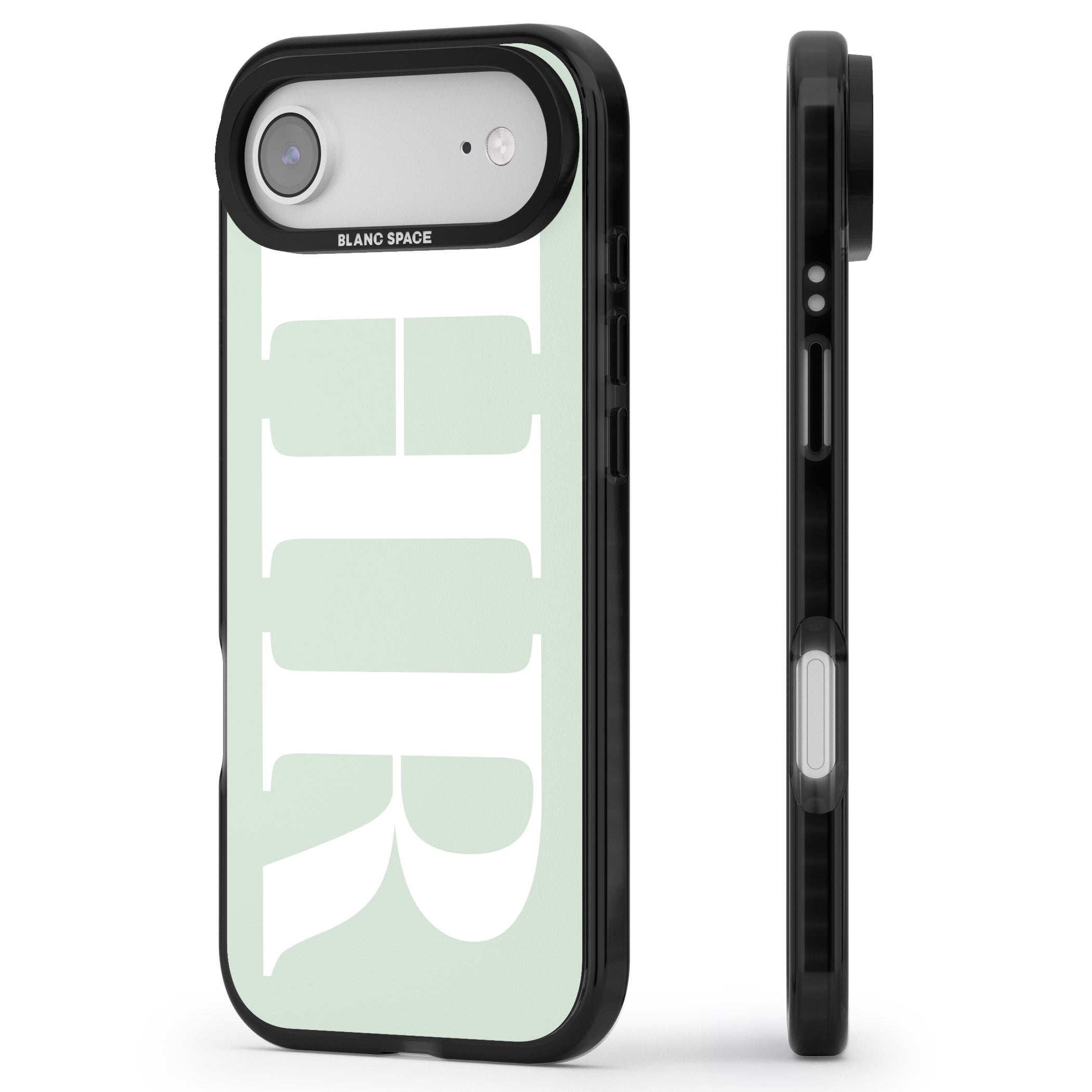 Personalised White & Seafoam Green Letters iPhone 17 Air Impact Black Phone Case Side Profile