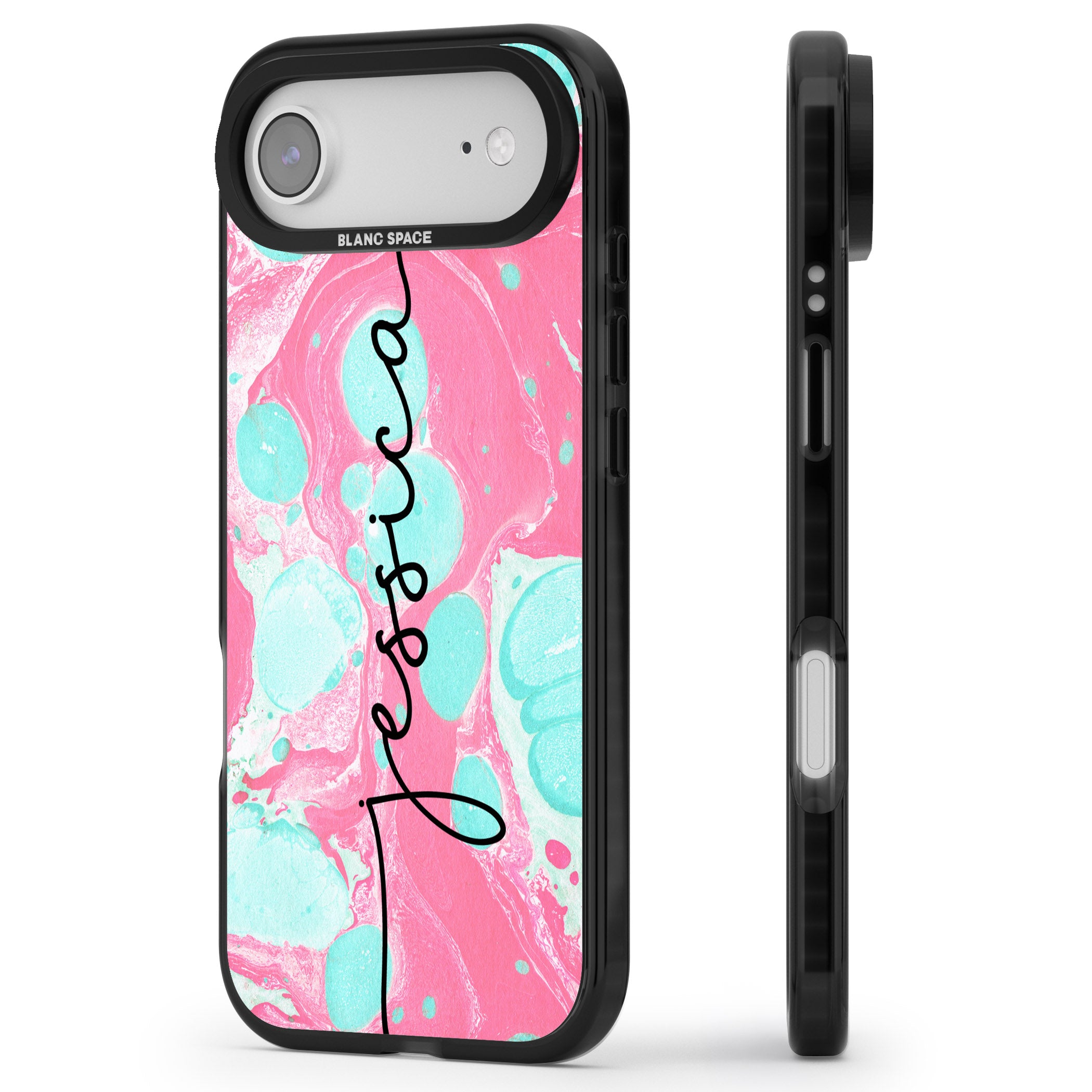 Personalised Turquoise & Pink Marbled iPhone 17 Air Impact Black Phone Case Side Profile