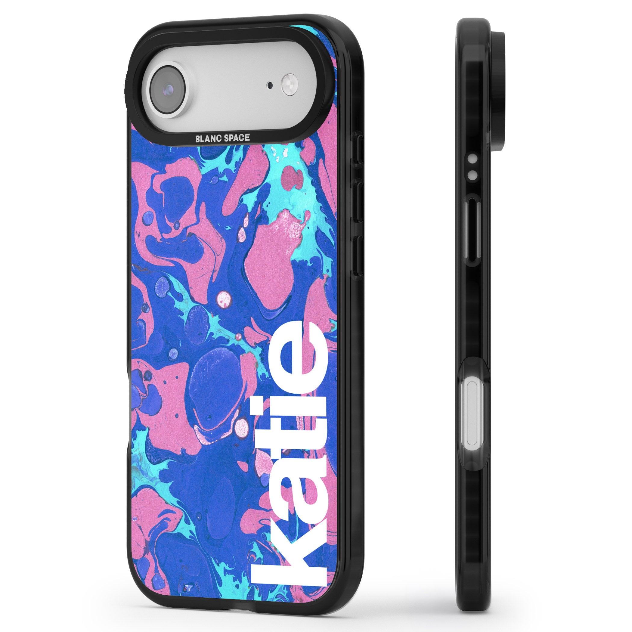 Personalised Navy & Turquoise Marbled iPhone 17 Air Impact Black Phone Case Side Profile