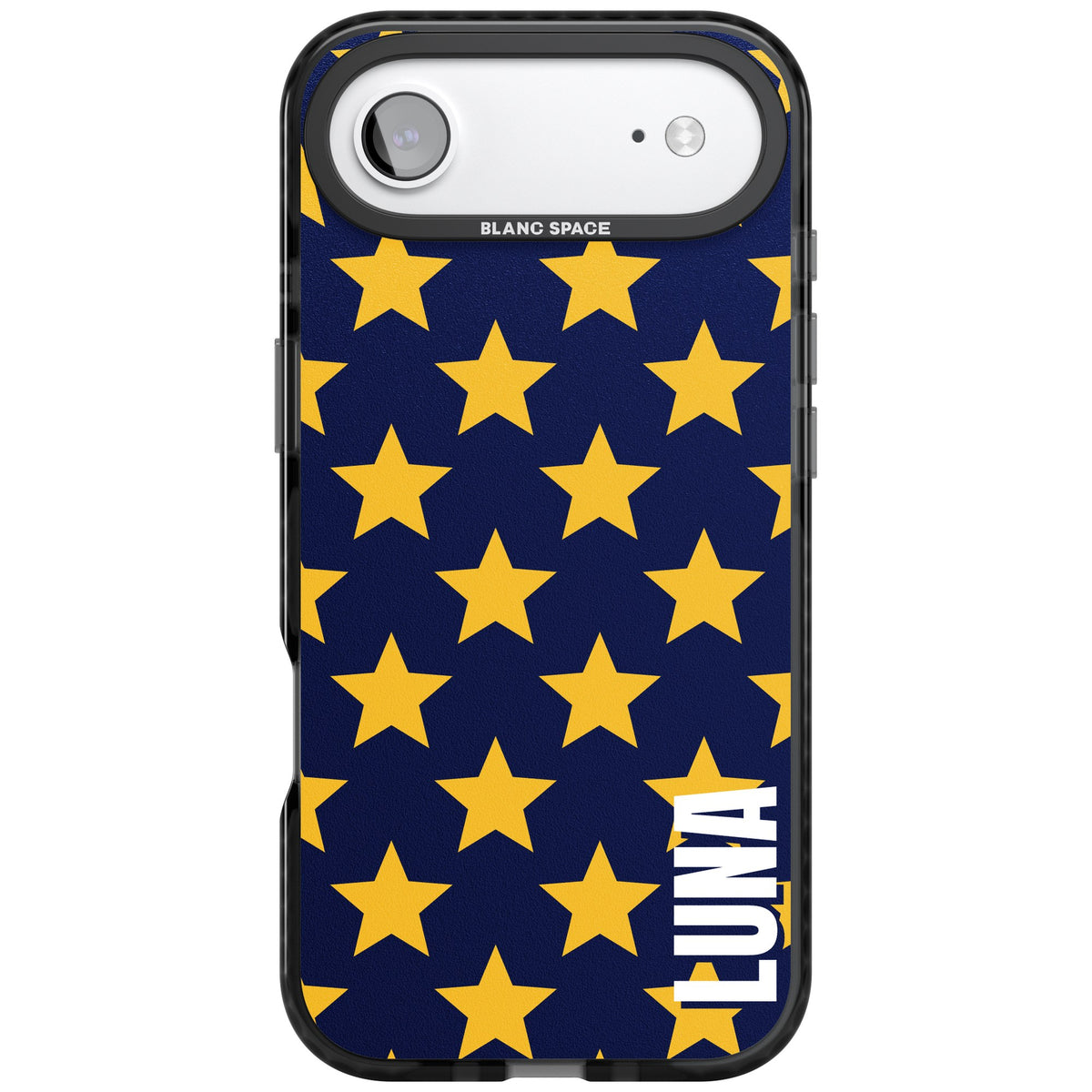 Personalised Starry Name celestial iPhone case featuring yellow stars on navy blue with a custom name iPhone Air / iPhone 17 Air Impact Black Phone Case front