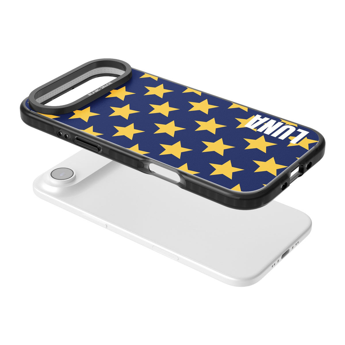 Personalised Starry Name celestial iPhone case featuring yellow stars on navy blue with a custom name iPhone Air / iPhone 17 Air Impact Black Phone Case angled
