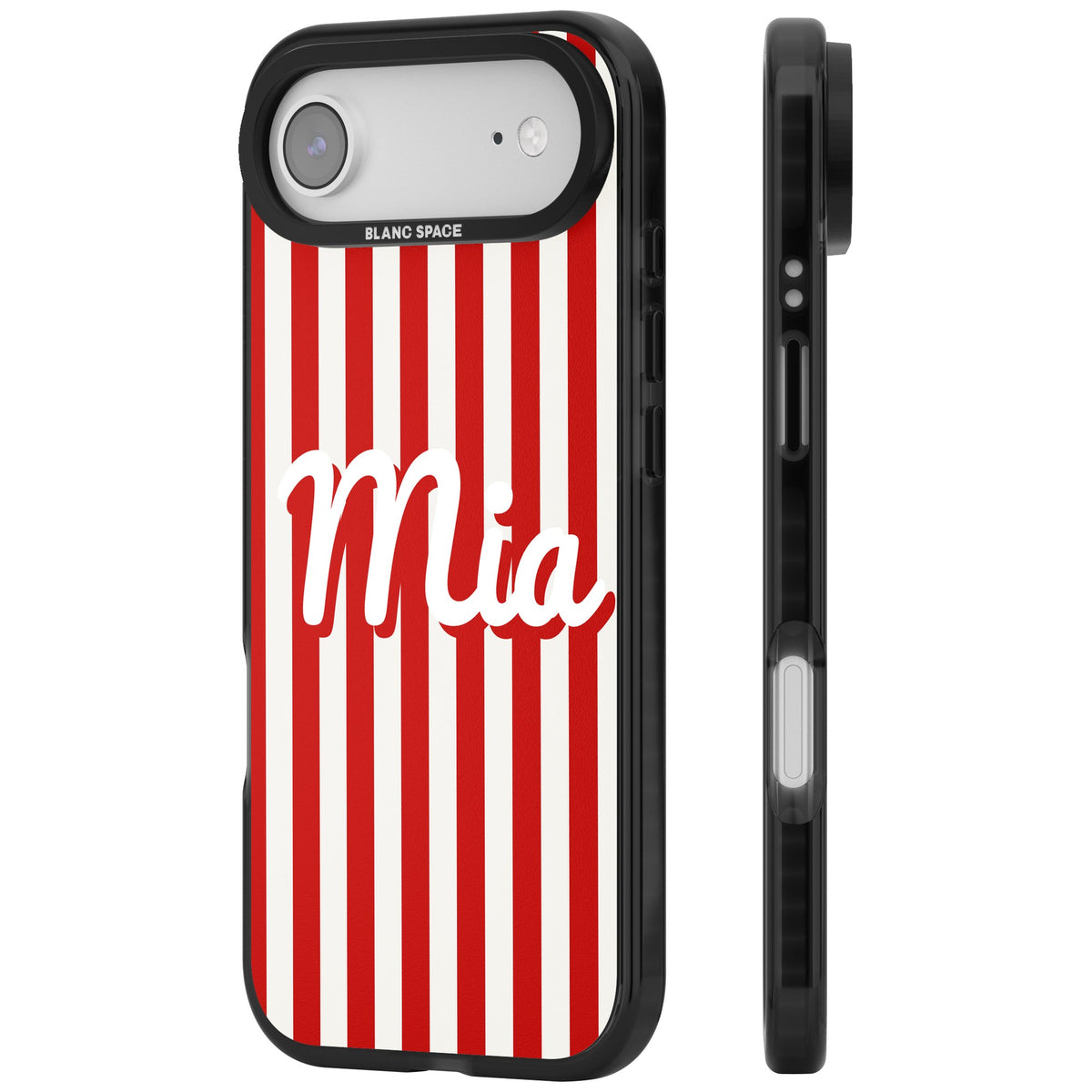 Personalised Retro Stripe Name custom iPhone case featuring red and white stripes and a personalised script name iPhone Air / iPhone 17 Air Impact Black Phone Case side