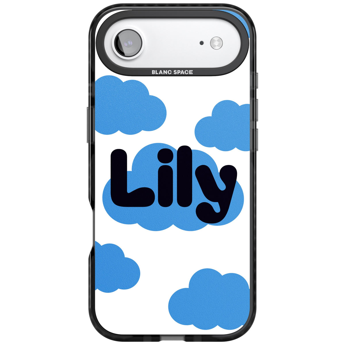 Personalised Bubble Name kawaii iPhone case featuring custom bubble lettering on a blue cloud with fluffy sky clouds iPhone Air / iPhone 17 Air Impact Black Phone Case front