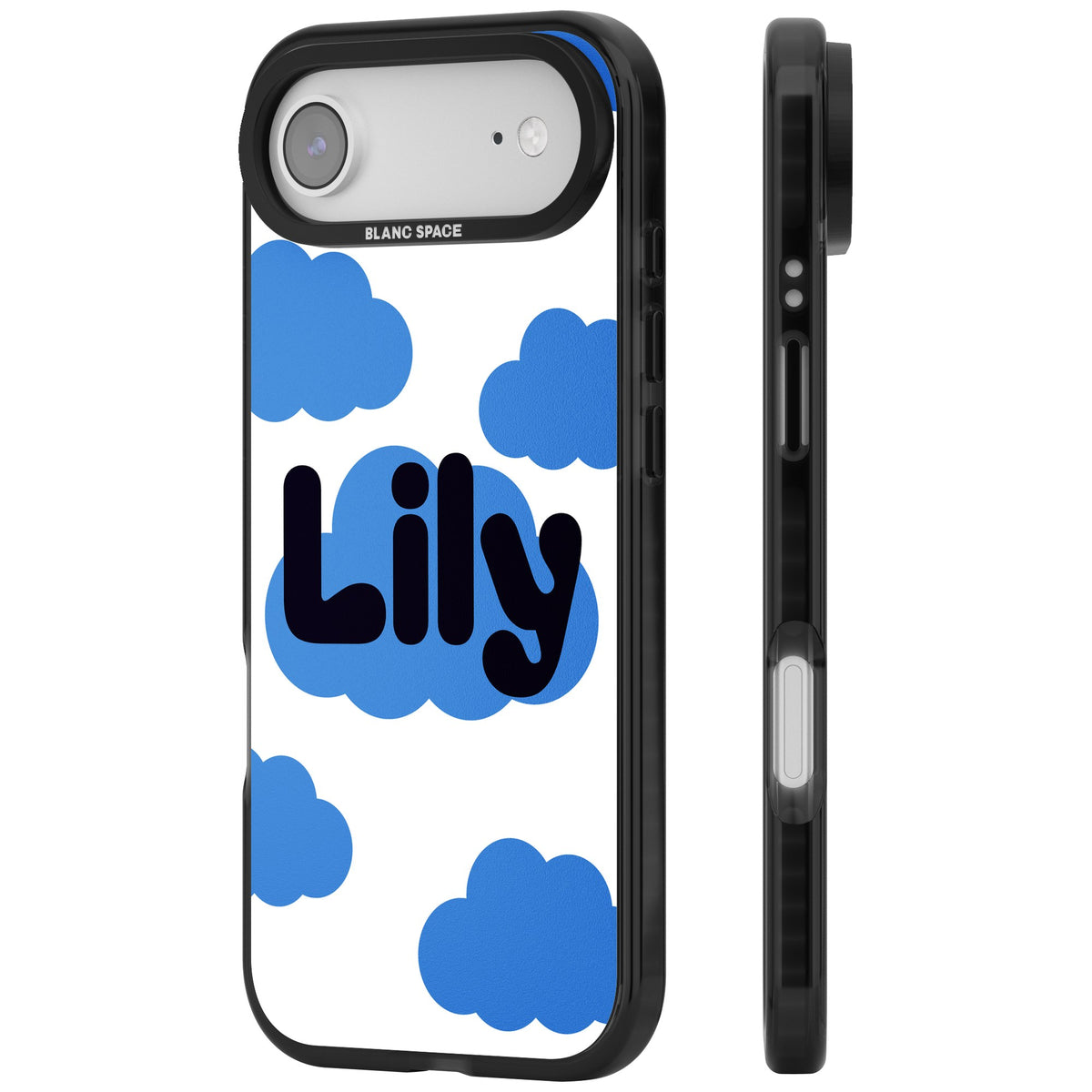 Personalised Bubble Name kawaii iPhone case featuring custom bubble lettering on a blue cloud with fluffy sky clouds iPhone Air / iPhone 17 Air Impact Black Phone Case side