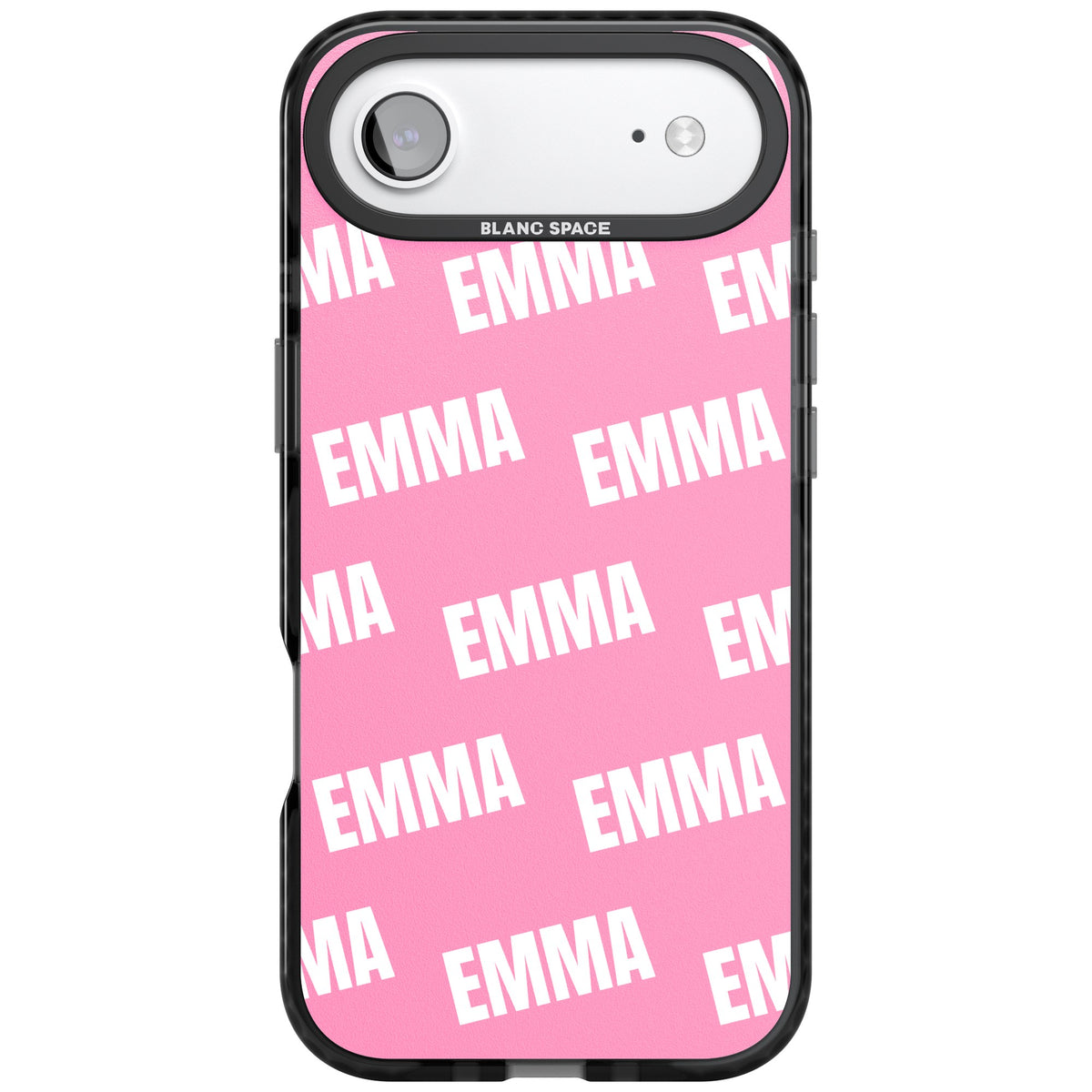 Personalised Name Pattern custom iPhone case featuring a repeating bold name in white on a pink background iPhone Air / iPhone 17 Air Impact Black Phone Case front