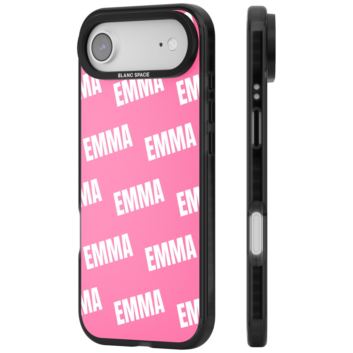 Personalised Name Pattern custom iPhone case featuring a repeating bold name in white on a pink background iPhone Air / iPhone 17 Air Impact Black Phone Case side