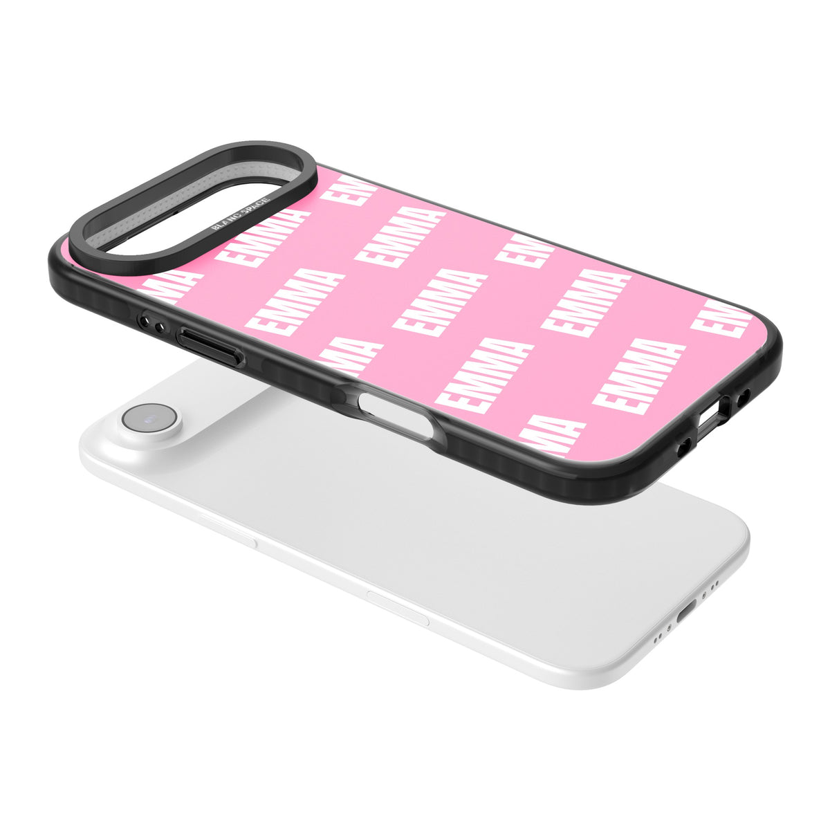 Personalised Name Pattern custom iPhone case featuring a repeating bold name in white on a pink background iPhone Air / iPhone 17 Air Impact Black Phone Case angled
