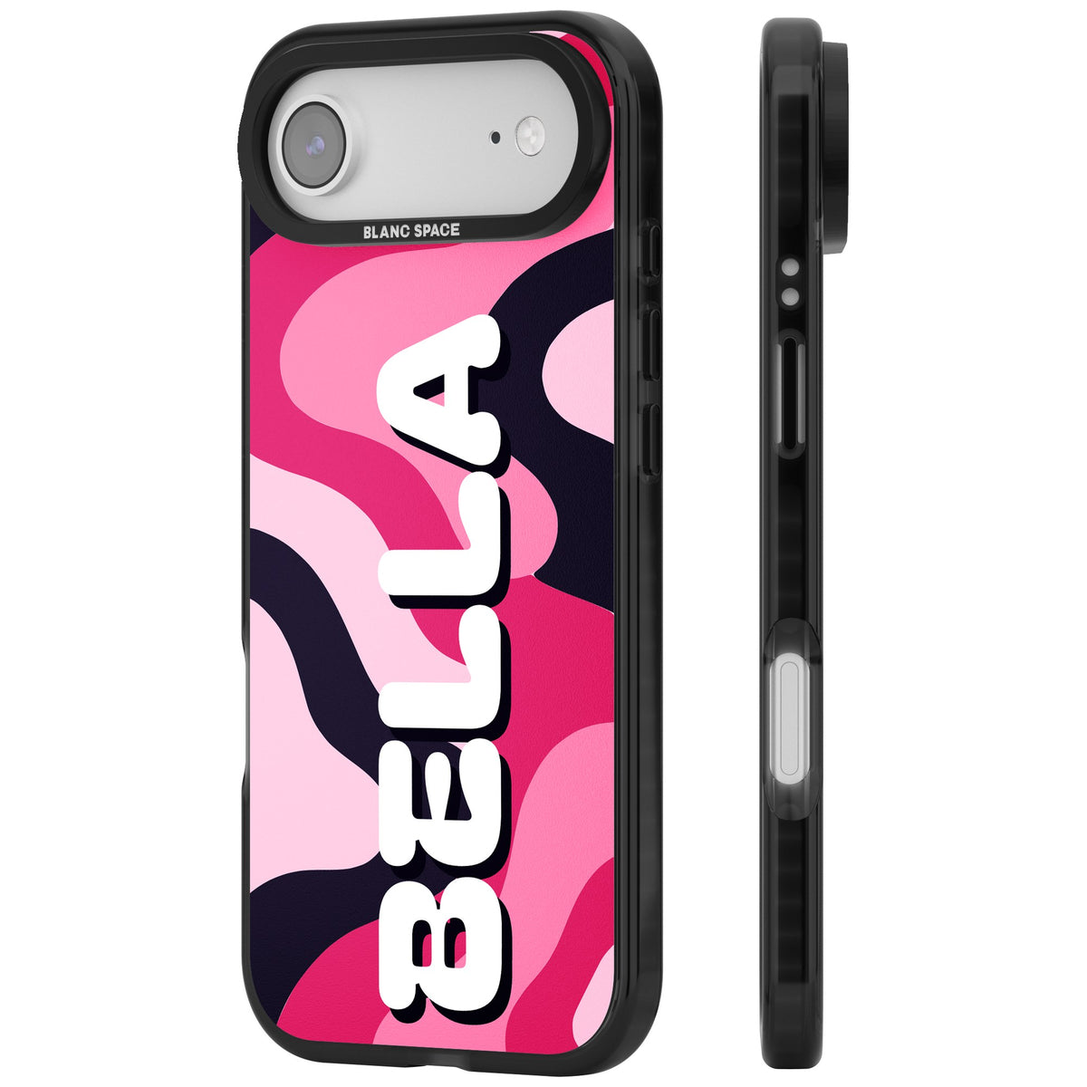 Personalised Pink Camo Name Y2K iPhone case featuring pink and black camouflage with a custom name in bold white letters iPhone Air / iPhone 17 Air Impact Black Phone Case side