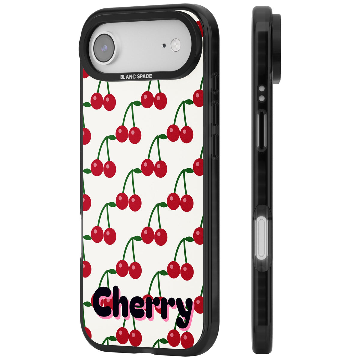 Personalised Cherry Name coquette iPhone case featuring red cherries, green stems and a custom name iPhone Air / iPhone 17 Air Impact Black Phone Case side