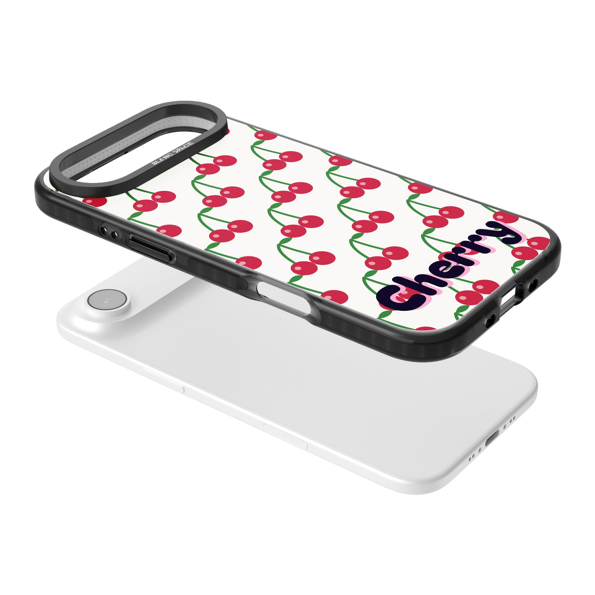 Personalised Cherry Name coquette iPhone case featuring red cherries, green stems and a custom name iPhone Air / iPhone 17 Air Impact Black Phone Case angled