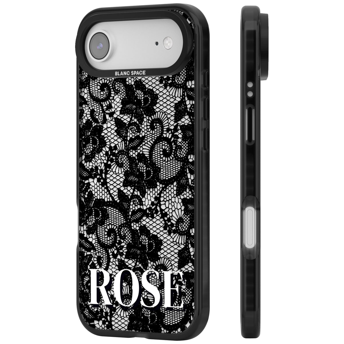 Personalised Black Lace Name gothic iPhone case featuring black floral lace, scalloped swirls and a custom name iPhone Air / iPhone 17 Air Impact Black Phone Case side