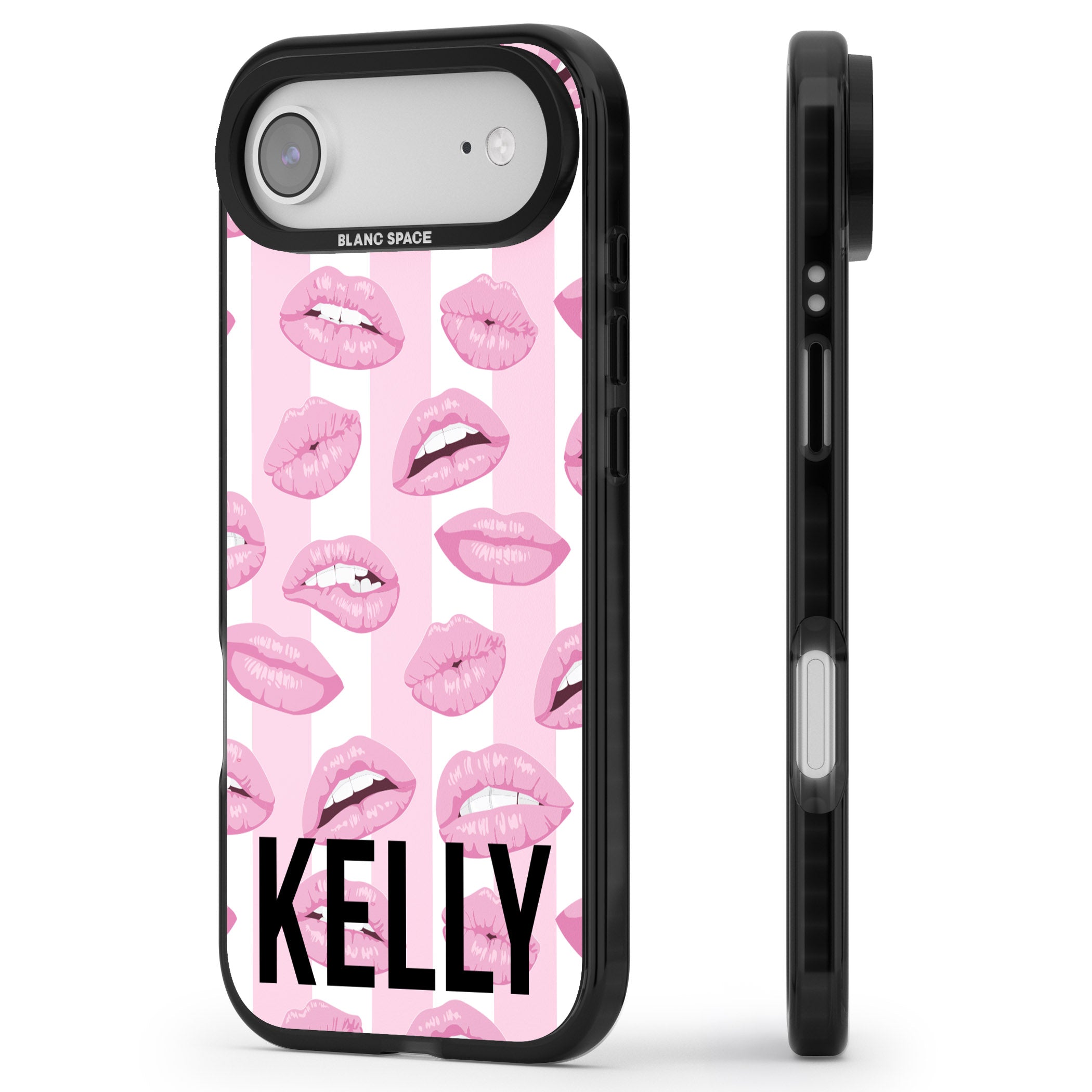 Personalised Pink Stripes & Lips iPhone 17 Air Impact Black Phone Case Side Profile